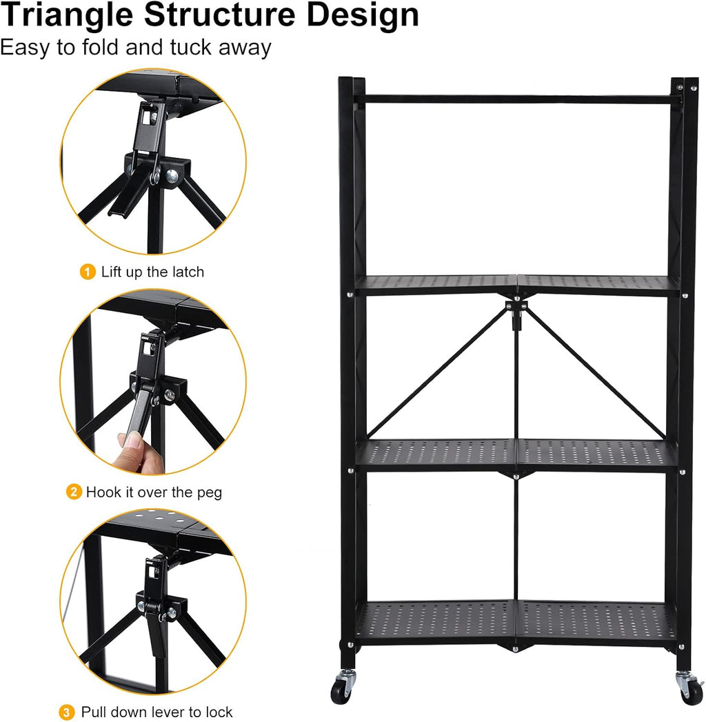 Heavy Duty Foldable Metal Rack Storage Shelving Unit with Wheels Moving Easily Organizer Shelves Great for Garage Kitchen, Black