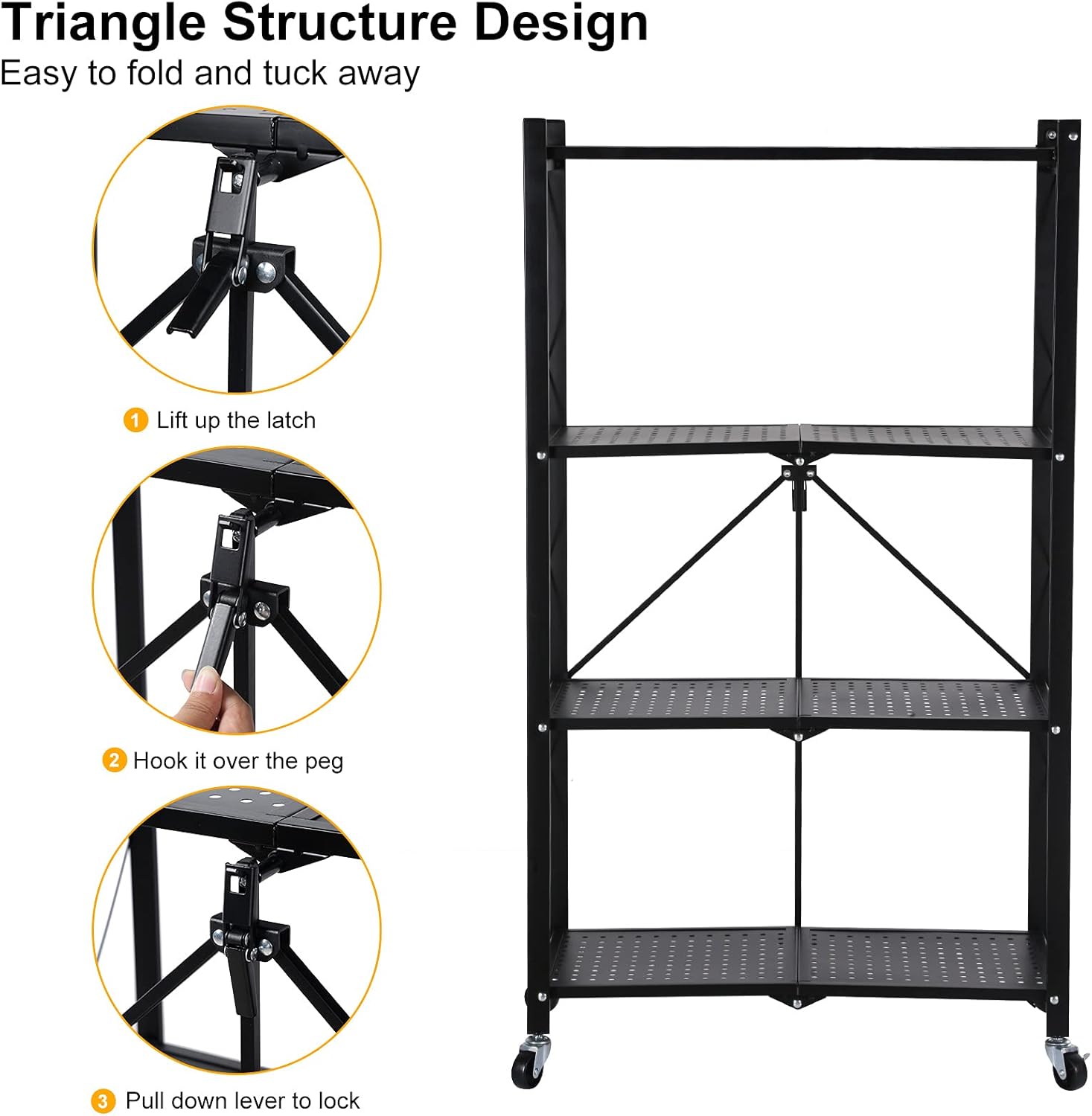 Heavy Duty Foldable Metal Rack Storage Shelving Unit with Wheels Moving Easily Organizer Shelves Great for Garage Kitchen, Black