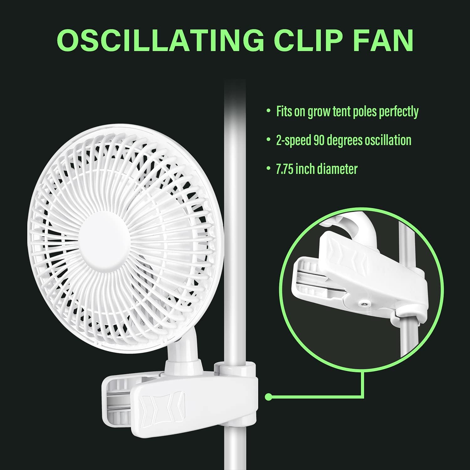 Clip Fan, 6 Inch Grow Tent Fan, Adjustable 90° Angles, 15W, 2-Speeds Control