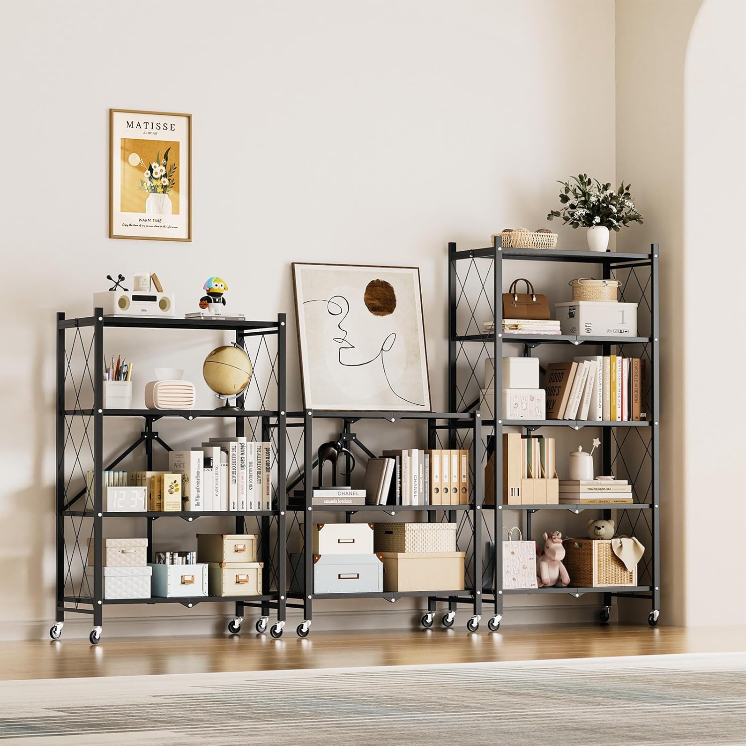 5-Tier Folding Storage Shelves, 27.95" W x 14.96" D x 63.78" H Foldable Shelving Unit, 1250 Lbs Loading Capacity, Black