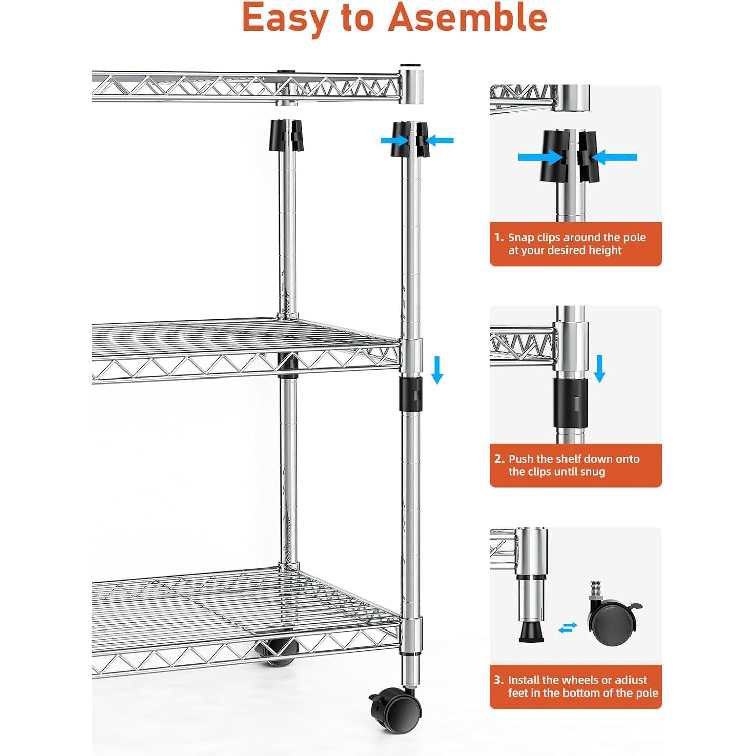 3-Tier Heavy Duty Storage Shelves 750Lb Capacity, 24.02" D x 13.78" W x 29.92" H Adjustable Shelving Unit with Wheels, Chrome