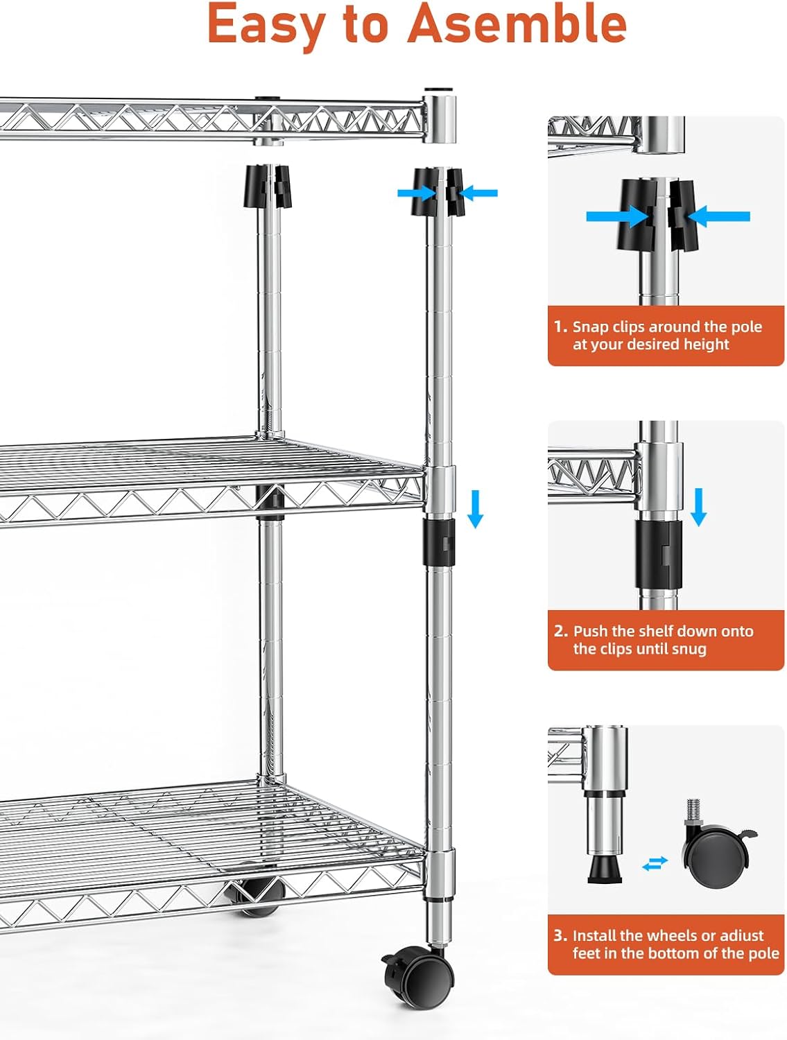 3-Tier Heavy Duty Storage Shelves 750Lb Capacity, 24.02" D x 13.78" W x 29.92" H Adjustable Shelving Unit with Wheels, Chrome