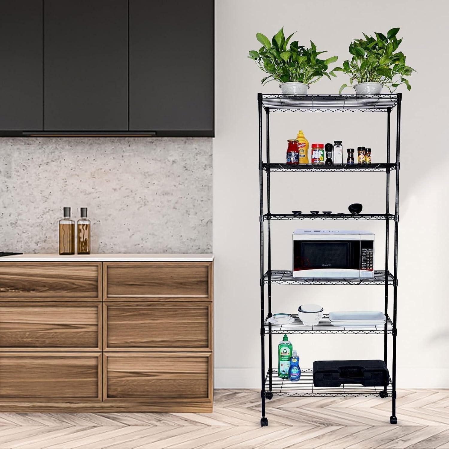 Heavy Duty 6-Shelf Shelving, 29.92'' D x 13.98'' W x 71.65'' H Adjustable Wire Shelving with Hanging Hooks and Wheels, Black