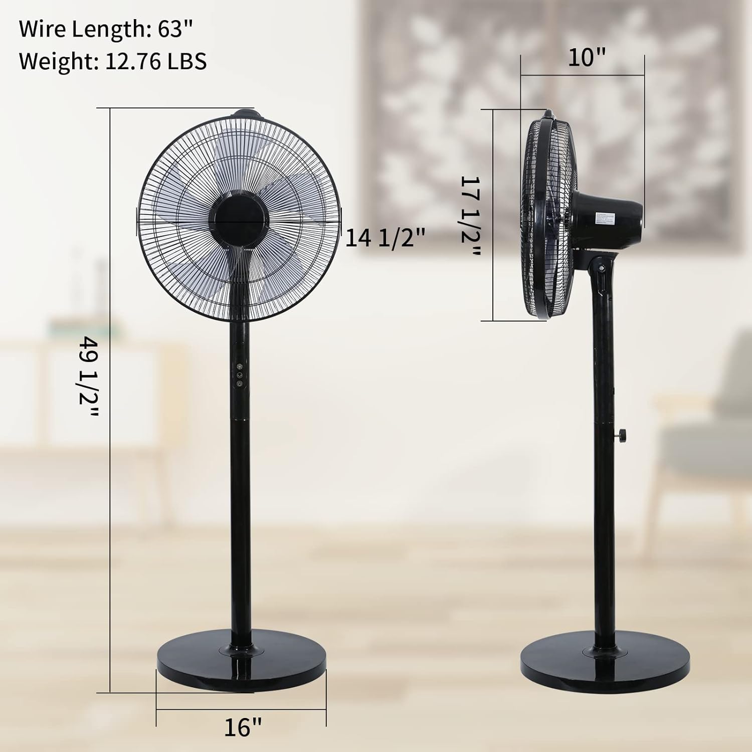 16 Inches Stand Fan with Pedestal Base, Height Adjustable Pedestal Fan with Remote Control, Free Standing Fan with 90-Degree Oscillating 12-Speed Settings, Black