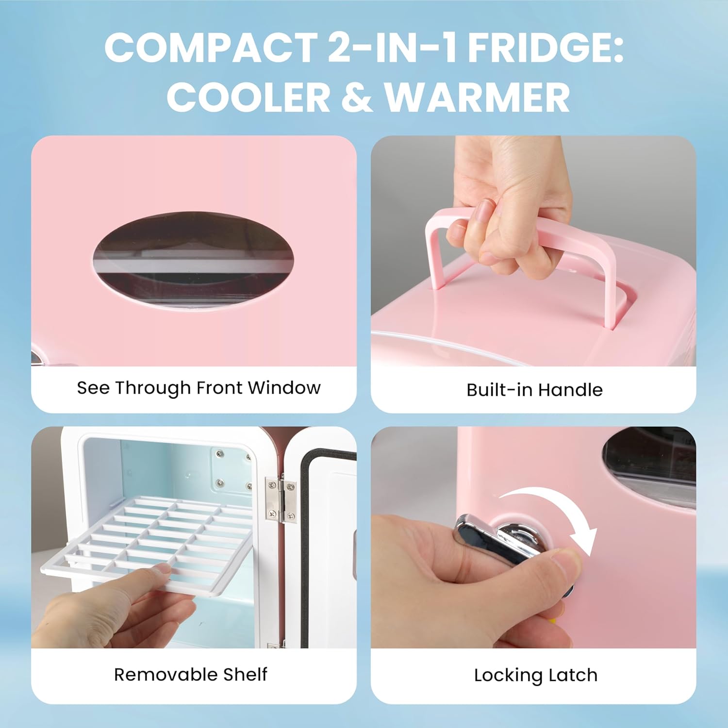 YSSOA Mini Fridge Personal Beauty Refrigerator, Freon-Free, Includes Plugs for Home Outlet & DC Charger, Dorm Room, 6 Can, 4L with Window, Pink