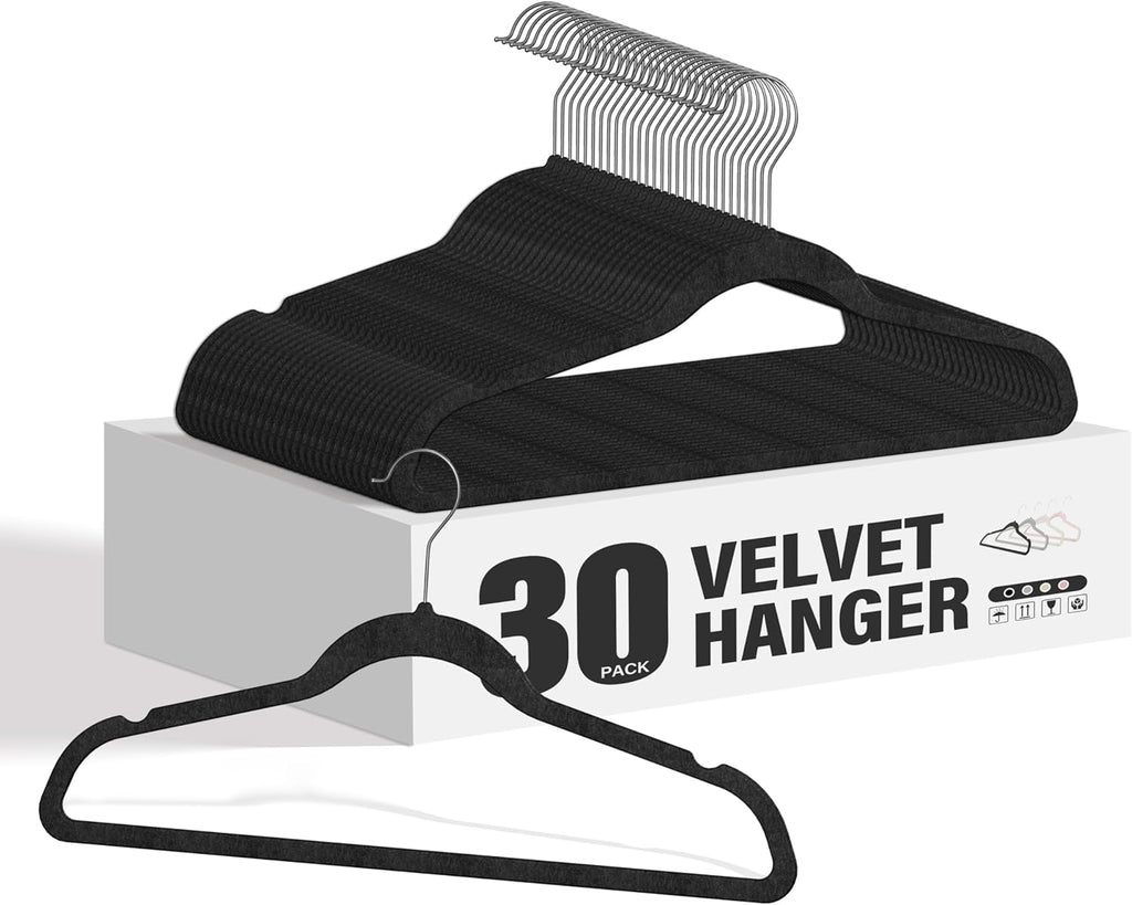 Velvet Hangers 30 Pack, Space Saving Clothes Hangers for Closet, Non-Slip Heavy Duty Coat Hangers for Pants, Shirt, Sweater, Suit & Dress Clothing with 360° Swivel Hook, Black