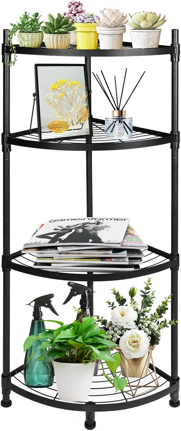 4-Tier Corner Shelving Unit, 13" D x 19" W x 43" H Metal Storage Rack Plant Stand for Living Room, Home Office, Kitchen, Small Space, Black
