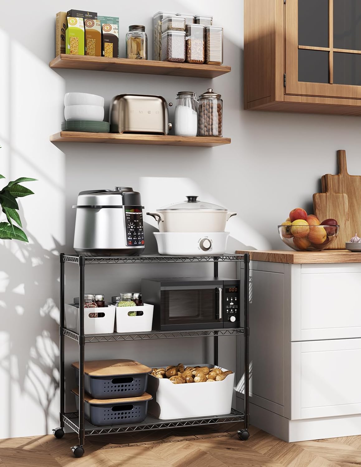Heavy Duty 3-Tier Storage Shelves 750Lb Capacity, 24.02" D x 13.78" W x 29.92" H Shelving Unit for Pantry, Garage, Laundry and Kitchen, Black, 2 Pack