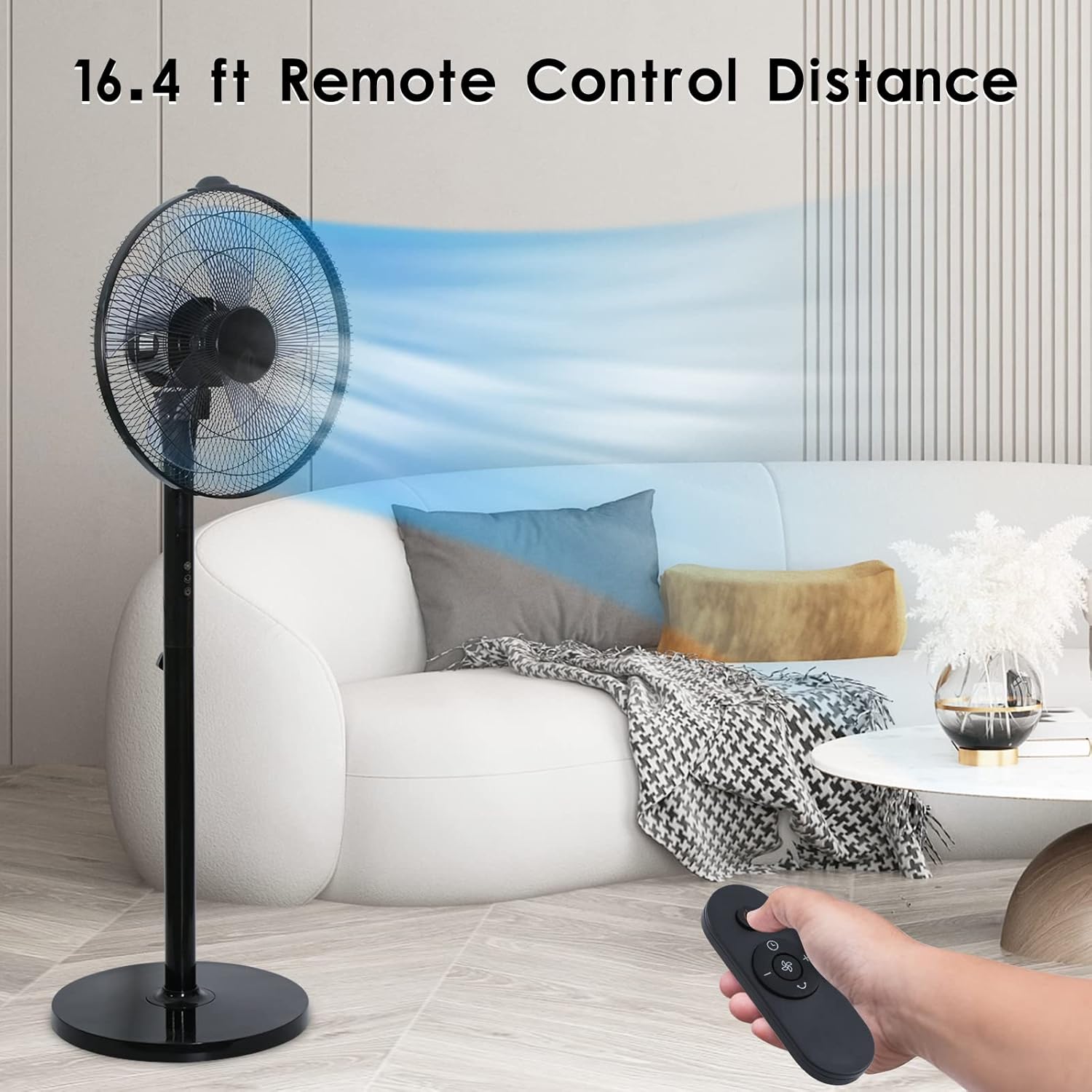 16 Inches Stand Fan with Pedestal Base, Height Adjustable Pedestal Fan with Remote Control, Free Standing Fan with 90-Degree Oscillating 12-Speed Settings, Black