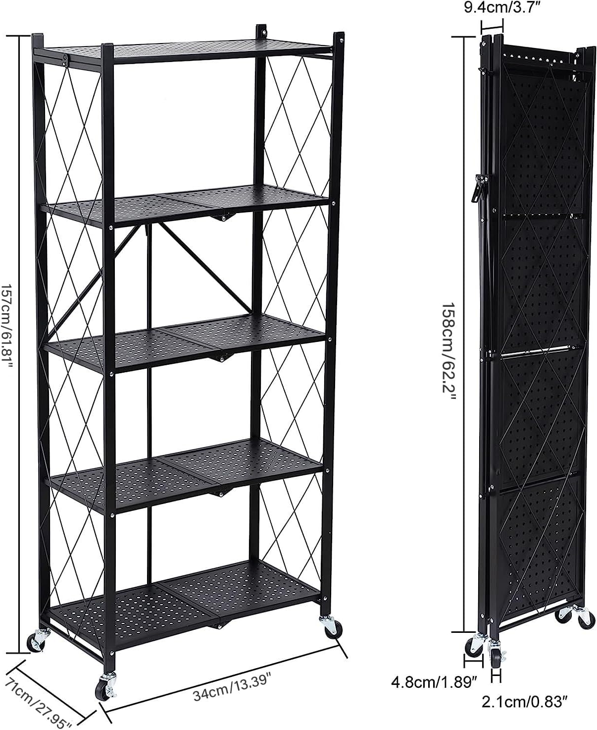 Heavy Duty Foldable Metal Rack Storage Shelving Unit with Wheels Moving Easily Organizer Shelves Great for Garage Kitchen, Black
