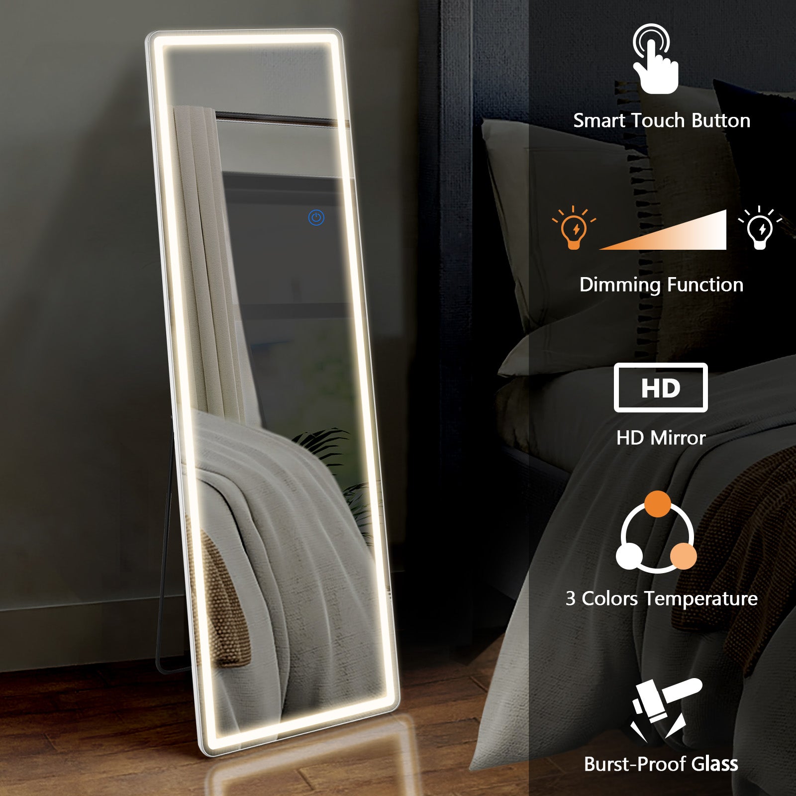 3 Color Lighting Mirror with LED Lights, 64"x21" Lighted Floor Standing Mirror with Stand, Wall Mounted Hanging