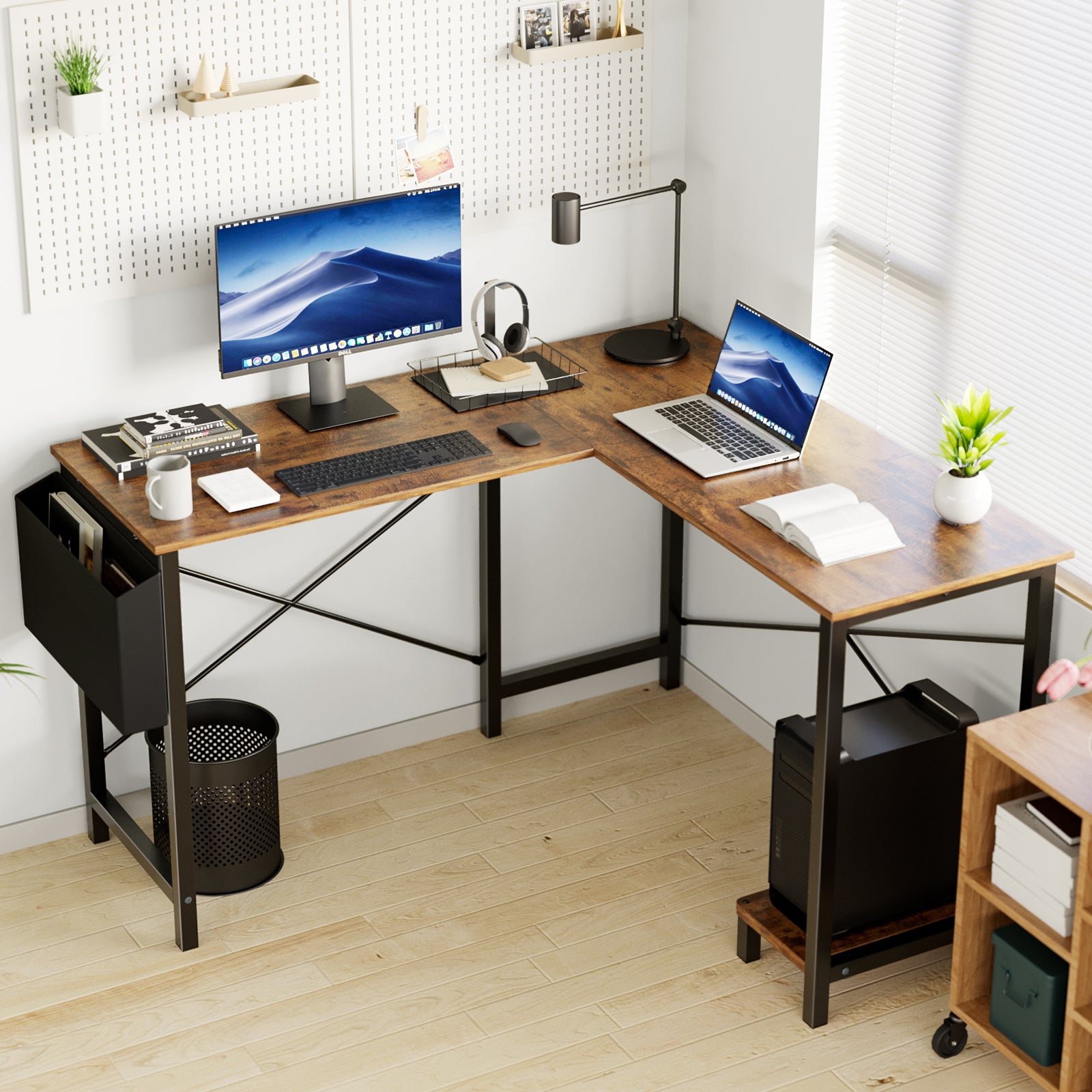 L Shaped Computer Desk - Gaming Corner 50 Inch Office Writing PC Wooden Table with CPU Storage Shelf & Side Bag