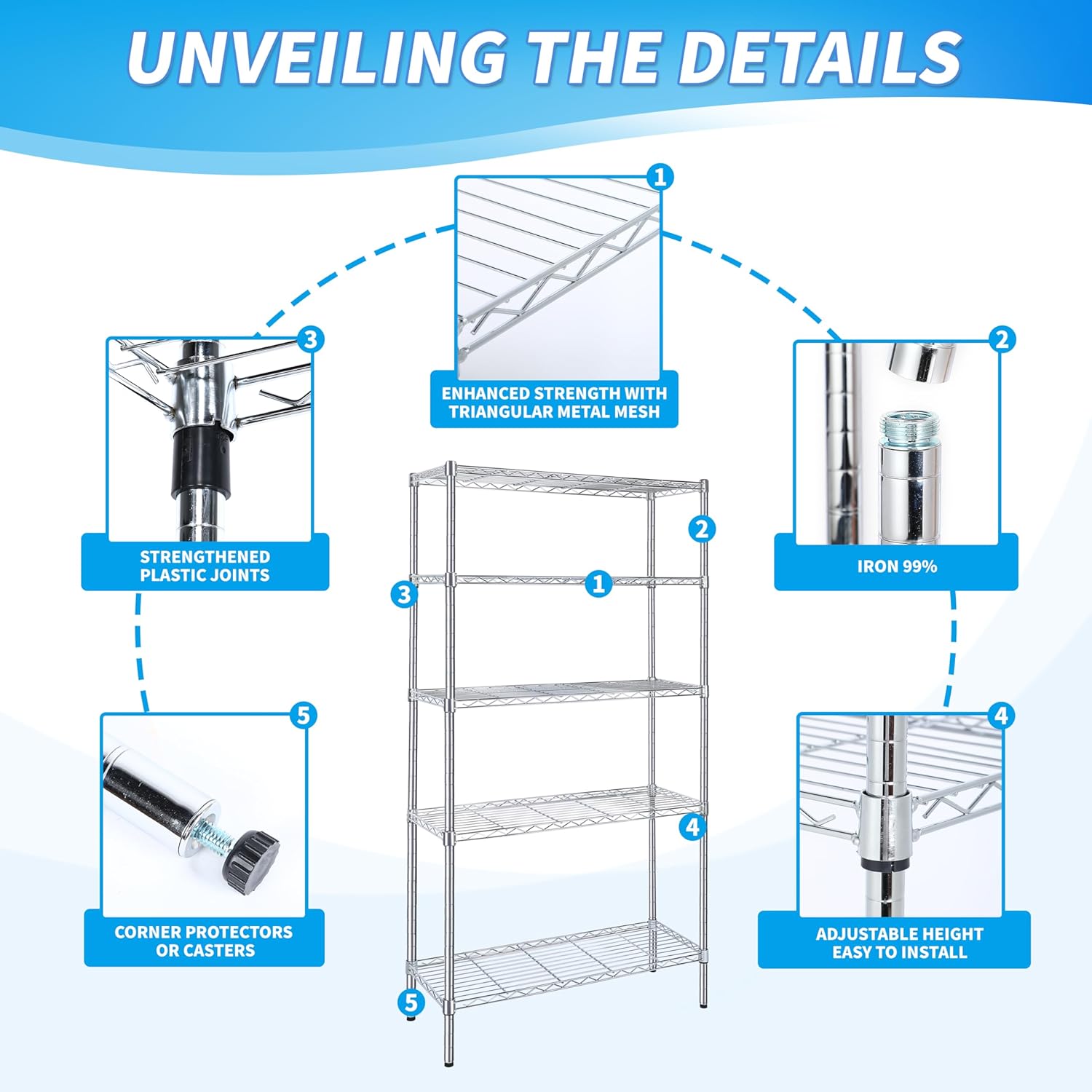 5-Tier Storage Shelves, 35.83" W x 13.98" D x 71.7" H Wire Metal Shelving Unit, 1250 Lbs Loading Capacity, Chrome