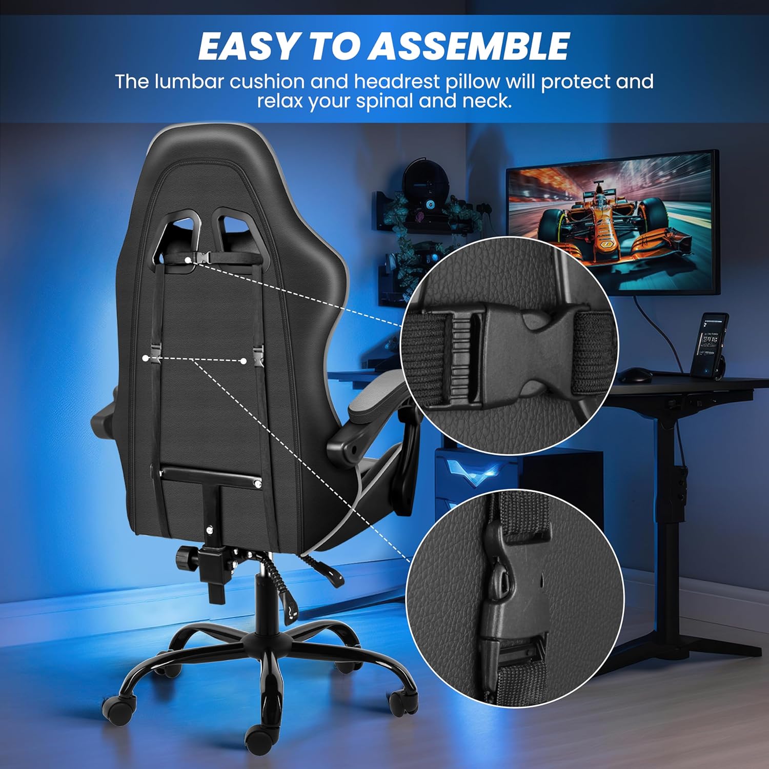 Gaming Chair with Footrest, Height Adjustable & 90°-135° Tilt Function, Swivel Recliner Ergonomic Racing Style Video Game Chair with Lumbar Support
