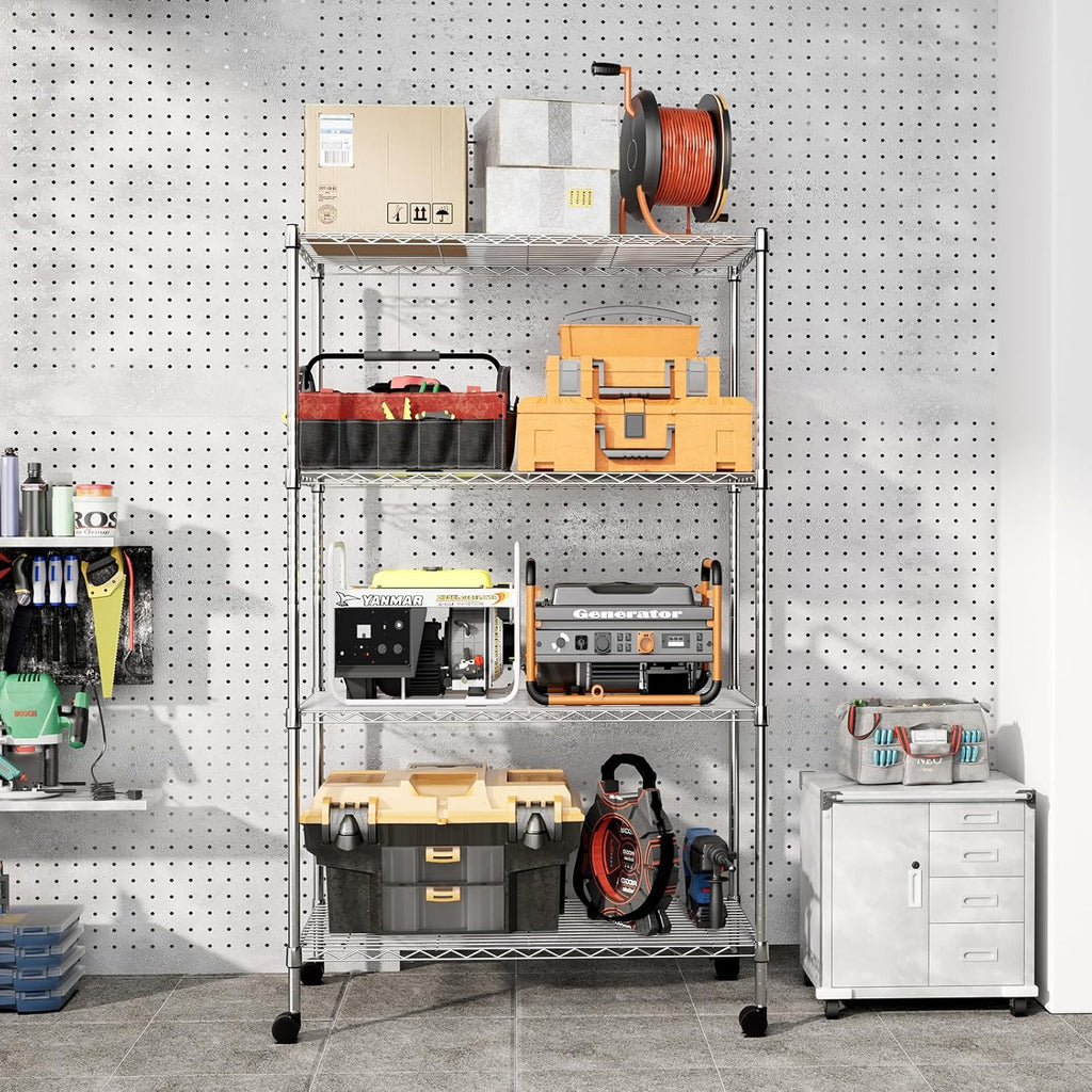 Heavy Duty Storage Shelves, Large Loading Capacity, Adjustable Shelving Unit with Wheels, Chrome
