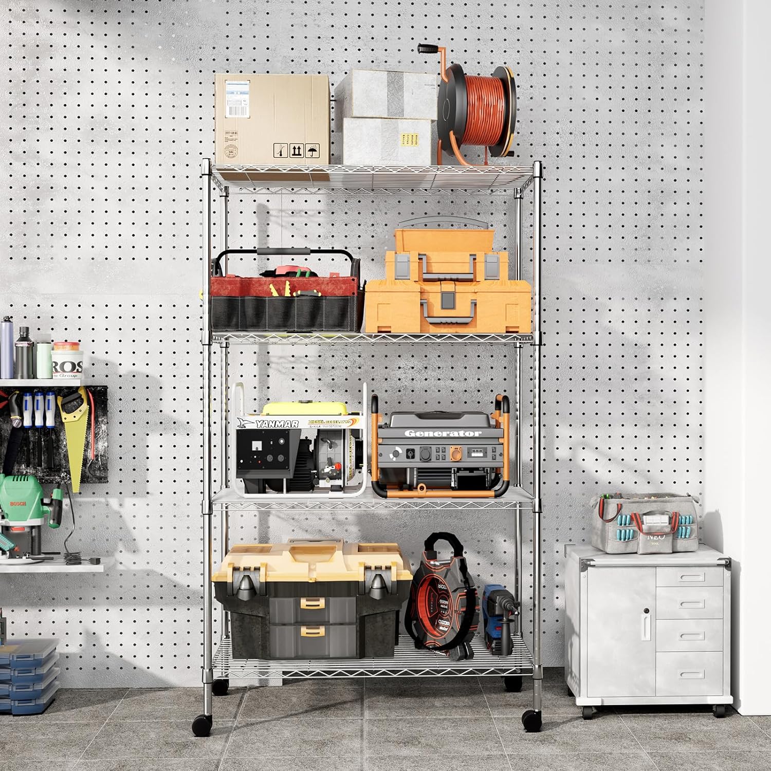 Heavy Duty Storage Shelves, Large Loading Capacity, Adjustable Shelving Unit with Wheels, Chrome