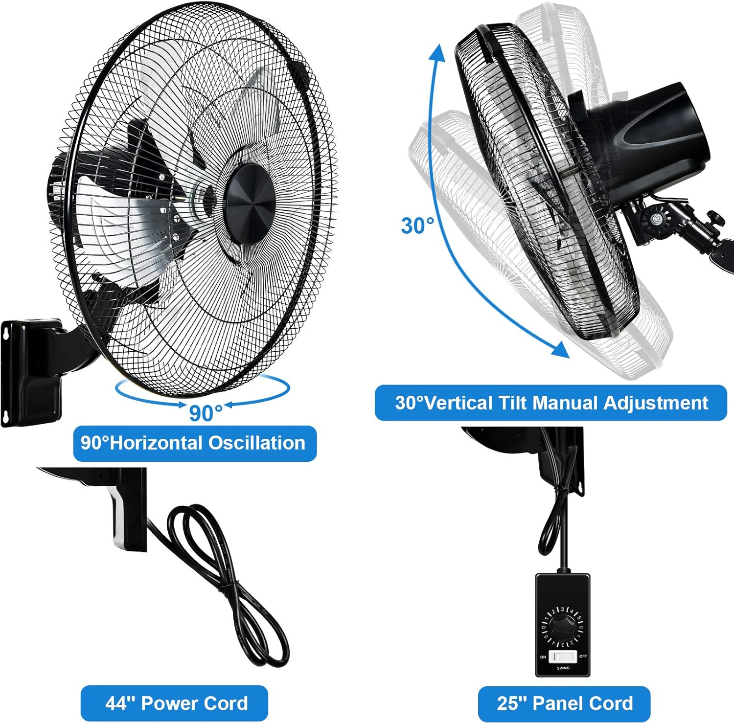 18 Inch Metal Wall Mount Fan, 90-Degree Oscillation, 5 Speed Adjustment