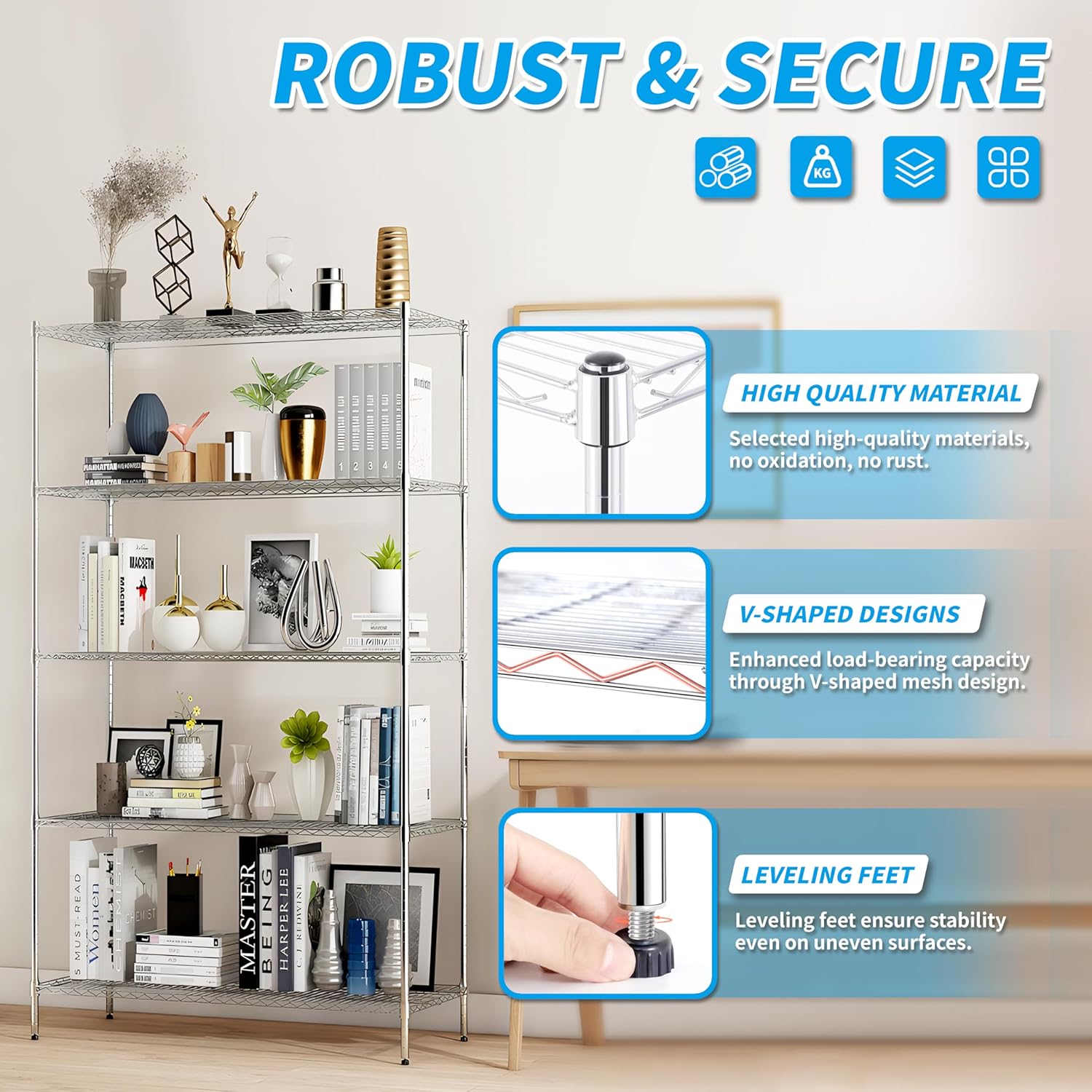 5-Tier Storage Shelves, 35.83" W x 13.98" D x 71.7" H Wire Metal Shelving Unit, 1250 Lbs Loading Capacity, Chrome
