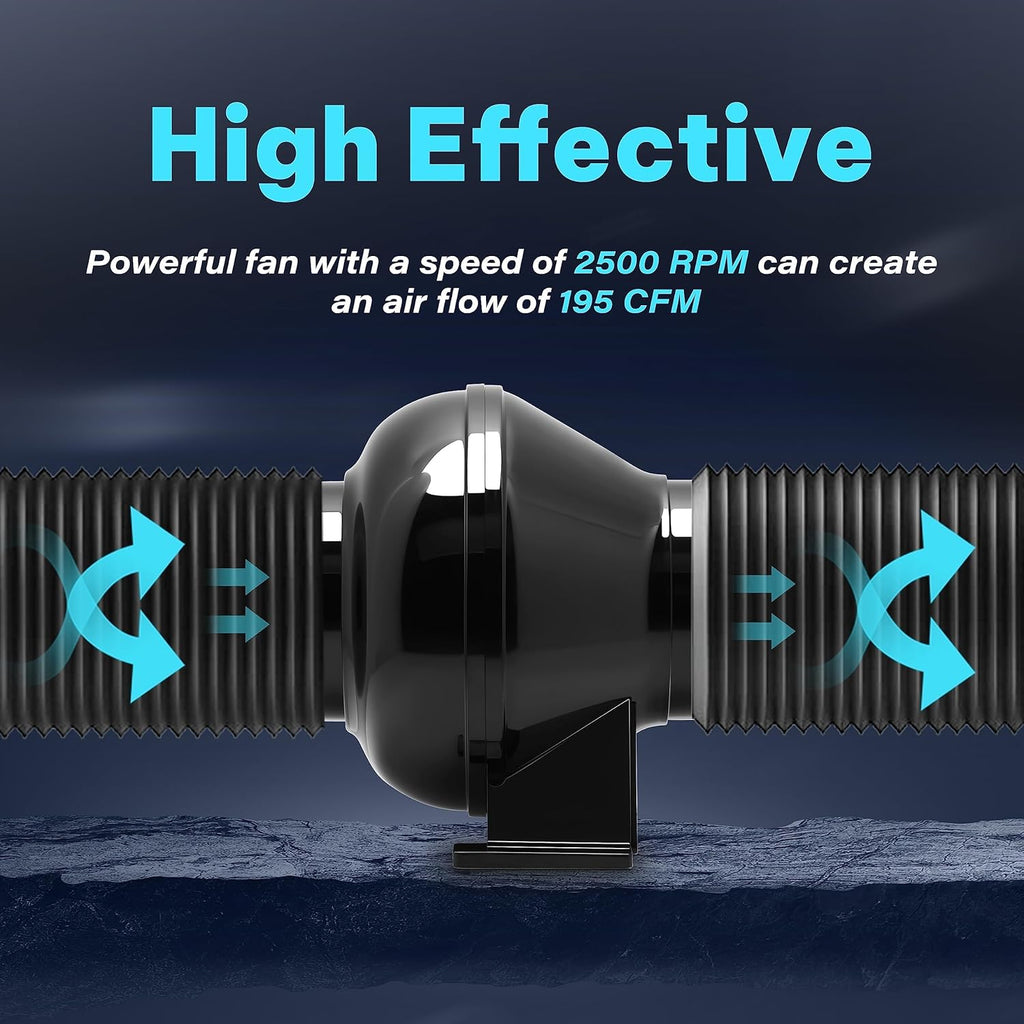 4 Inch 195 CFM Inline Duct Grow Tent Air Vent Exhaust Booster Blower for Hydroponic Ventilation Circulation, Attic, HVAC, Basements or Kitchens, Low Noise, 4'' Fan Quiet, New, Black