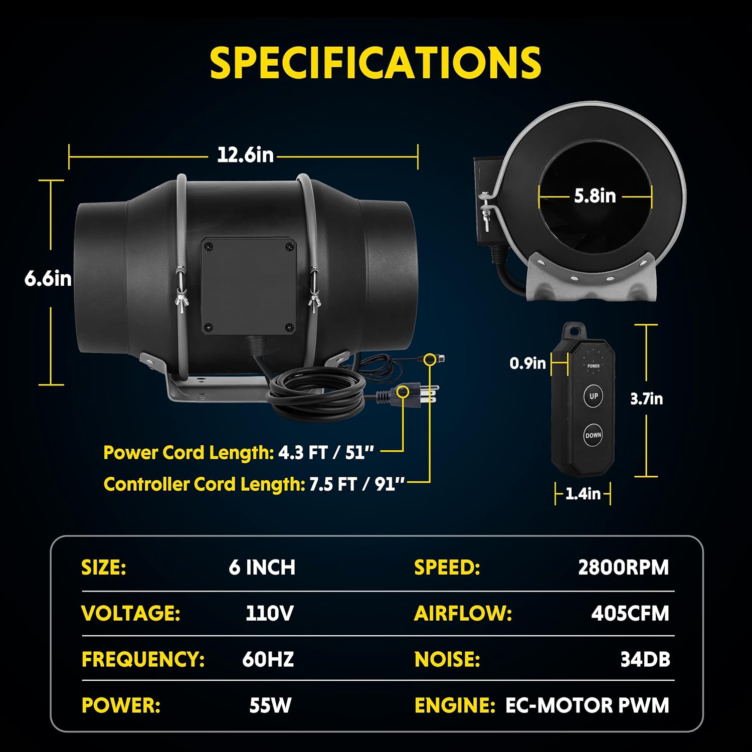 6 Inch 405 CFM Ventilation Fan EC Motor, with 10-Speed Controller, Suitable for Heating Cooling Booster, Hydroponics, Grow Tents, Black