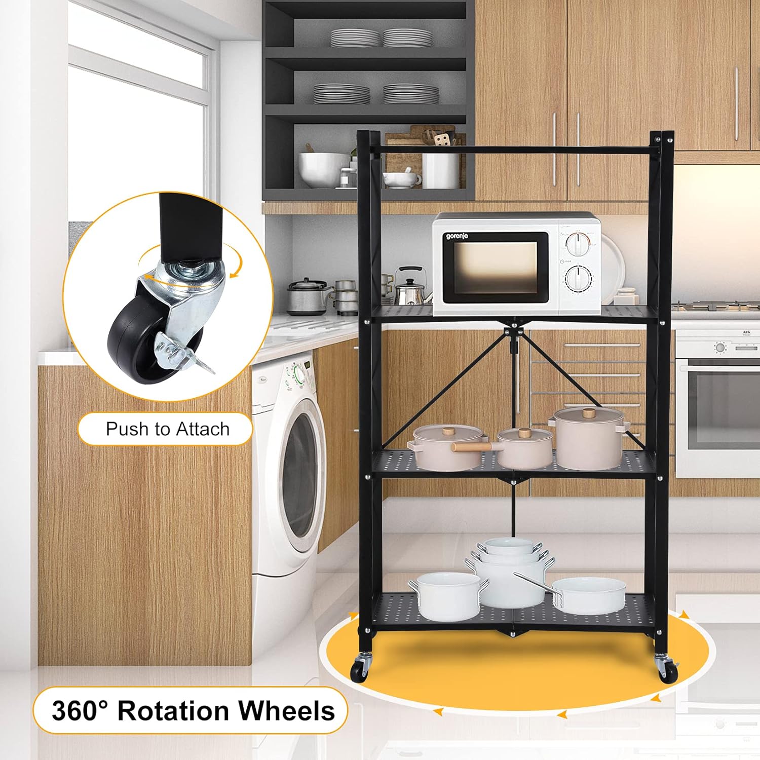 Heavy Duty Foldable Metal Rack Storage Shelving Unit with Wheels Moving Easily Organizer Shelves Great for Garage Kitchen, Black