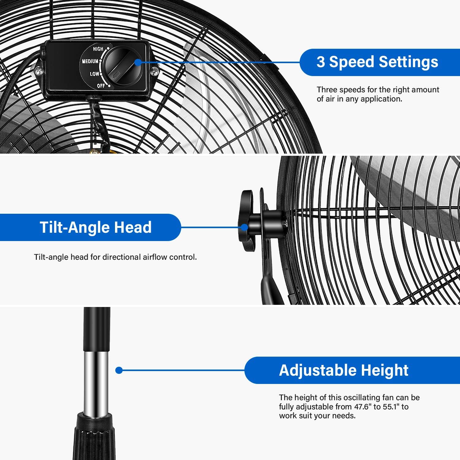 Pedestal Standing Fan, High Velocity, Heavy Duty Metal For Industrial, Commercial, Residential, Greenhouse Use, Black