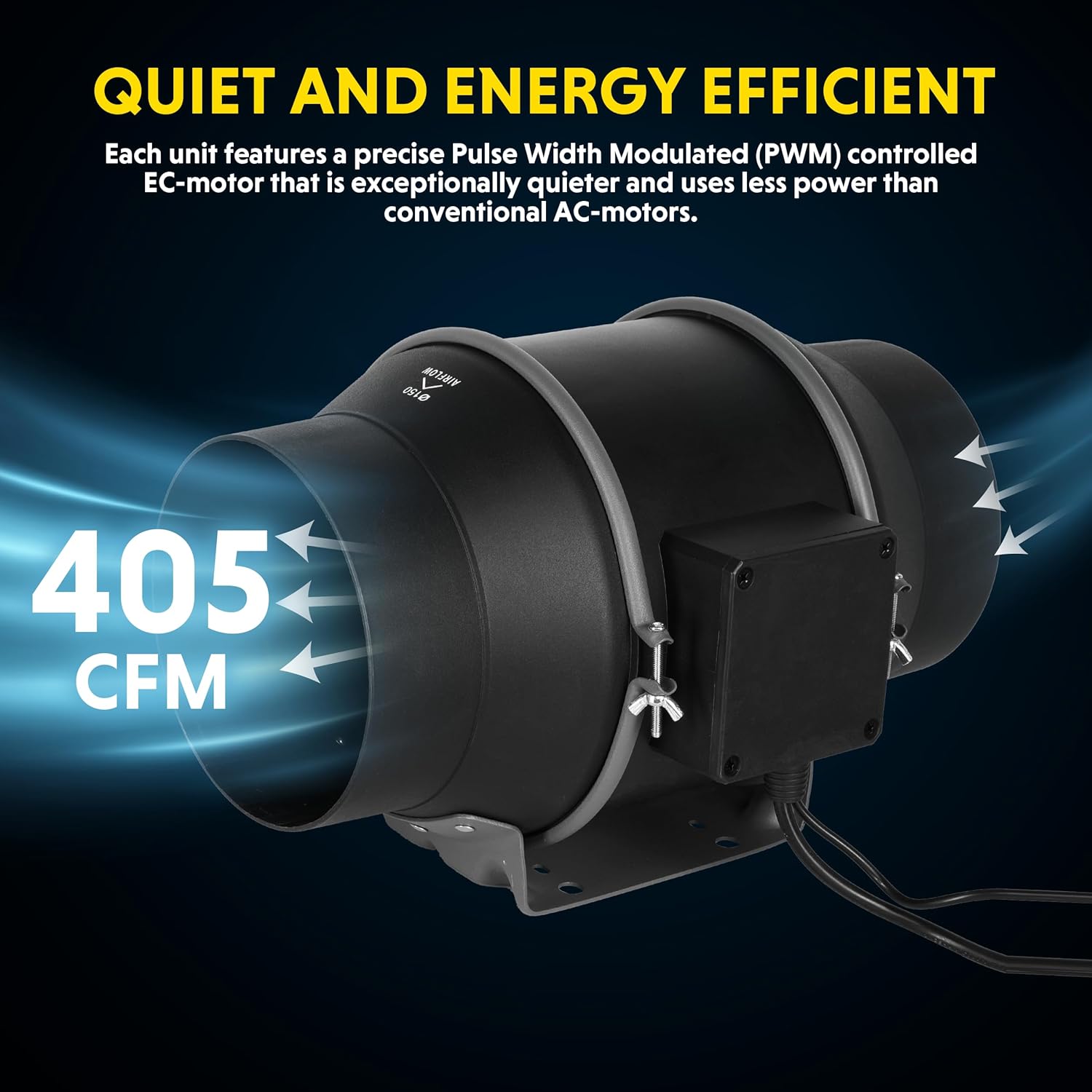 6 Inch 405 CFM Ventilation Fan EC Motor, with 10-Speed Controller, Suitable for Heating Cooling Booster, Hydroponics, Grow Tents, Black