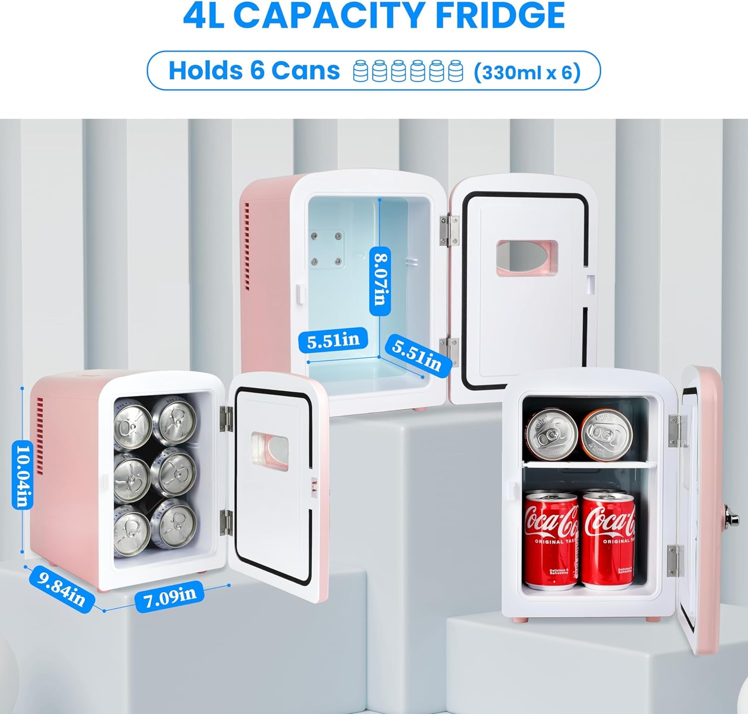 YSSOA Mini Fridge Personal Beauty Refrigerator, Freon-Free, Includes Plugs for Home Outlet & DC Charger, Dorm Room, 6 Can, 4L with Window, Pink