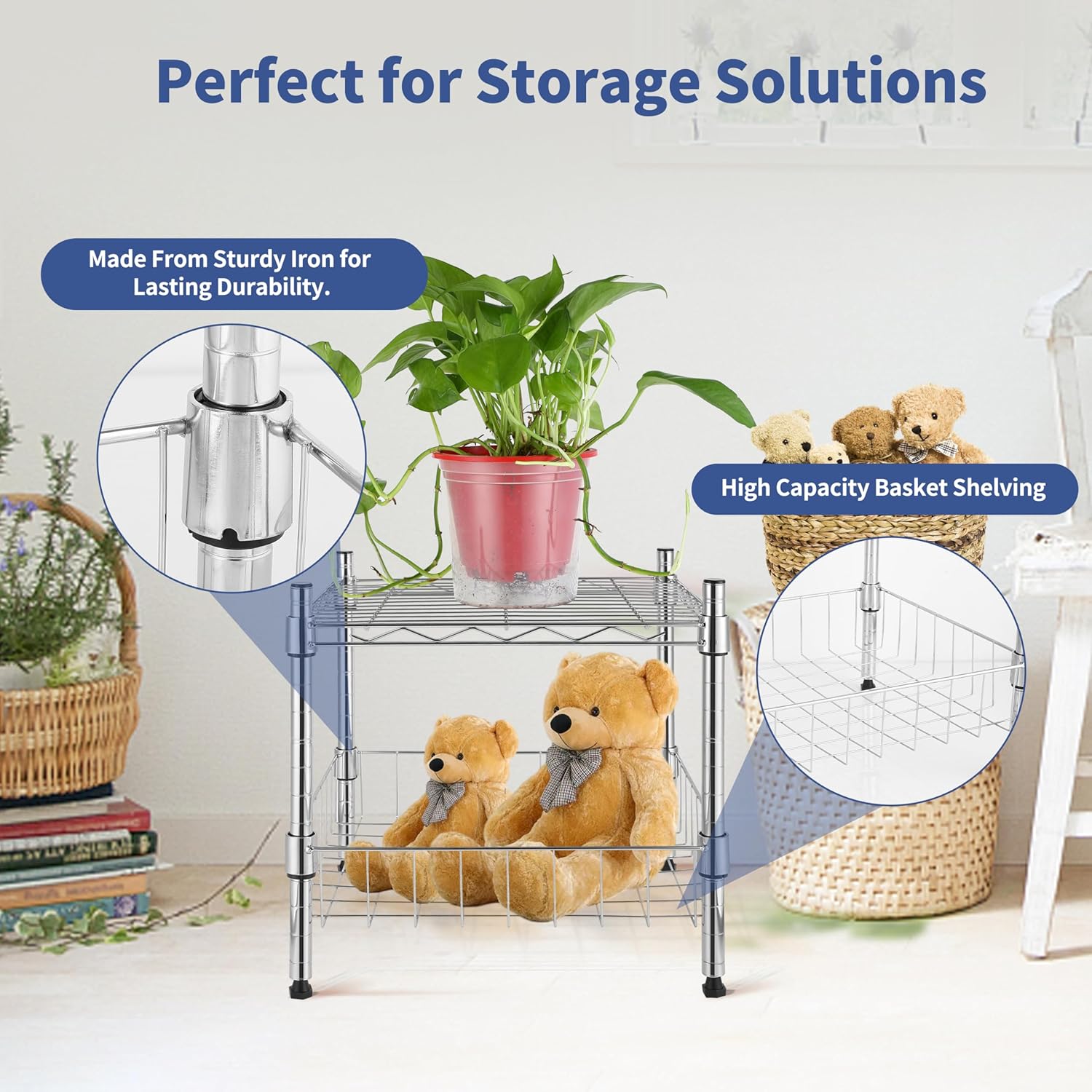 2-Tier Shelving Unit, 15" W x 13.8" D x 15" H Wire Metal Stackable Storage with Basket, Chrome