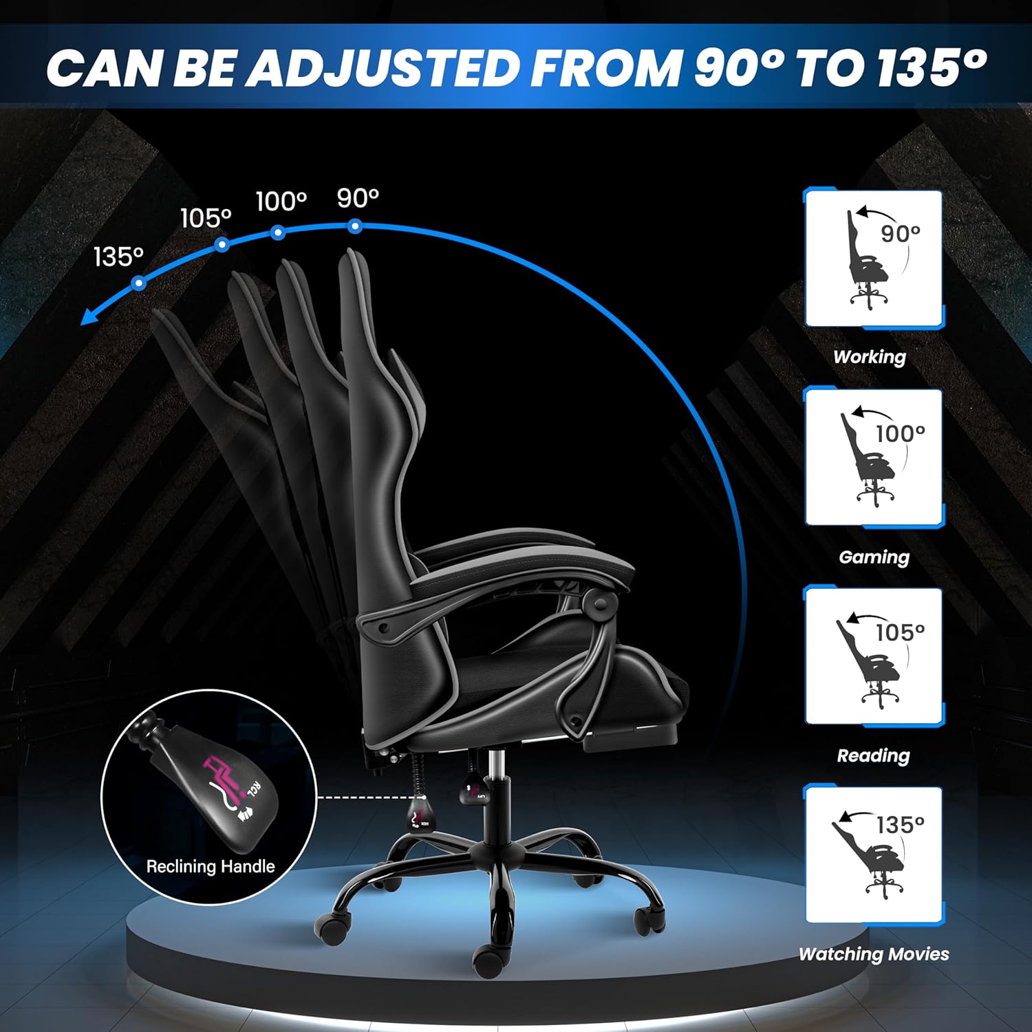 Gaming Chair with Footrest, Height Adjustable & 90°-135° Tilt Function, Swivel Recliner Ergonomic Racing Style Video Game Chair with Lumbar Support