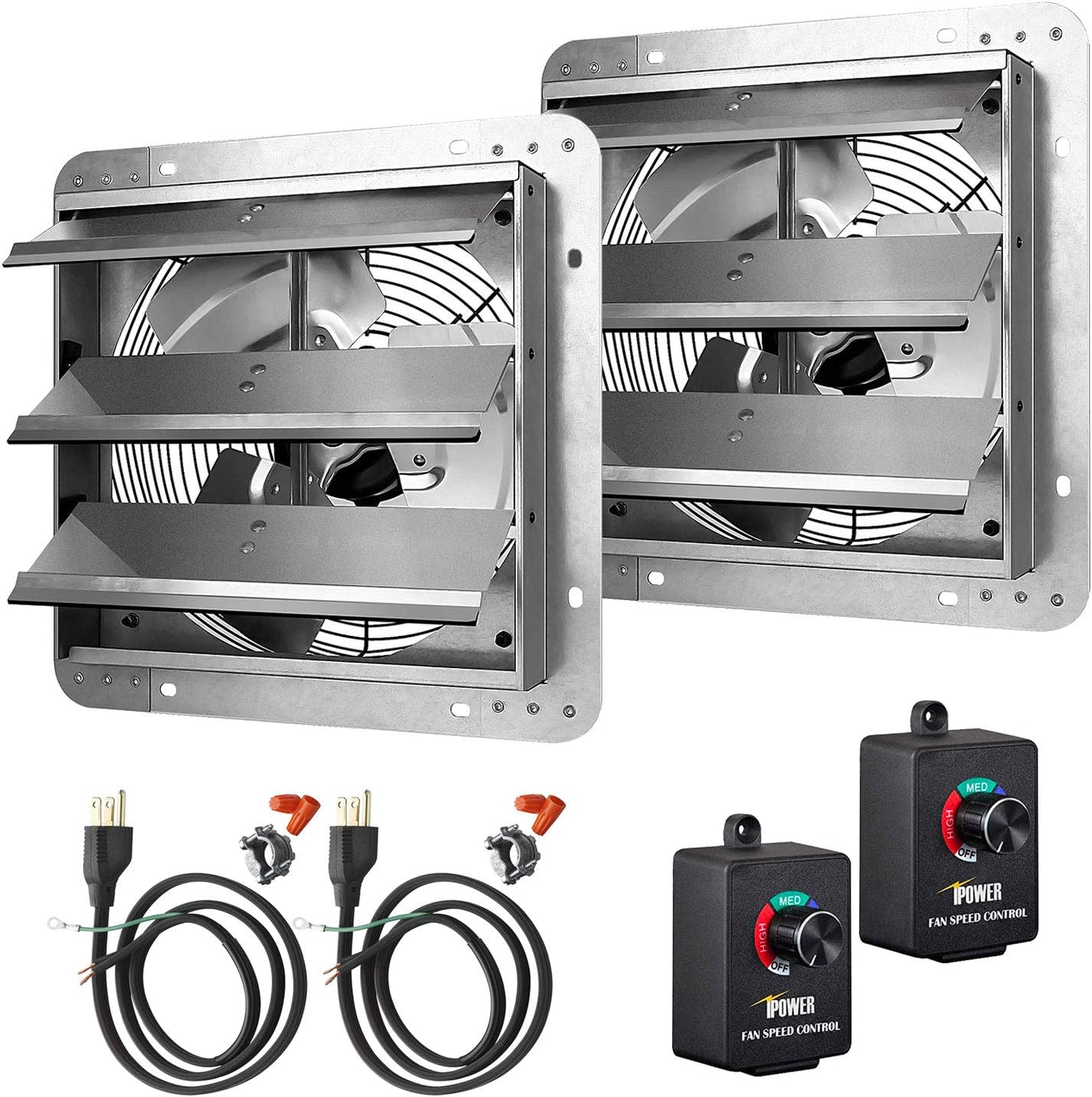 12 Inch Variable Shutter Exhaust Fan with Speed Controller and Power Cord Kit, 1620RPM, 1800CFM, Silver