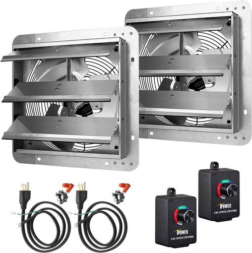 12 Inch Variable Shutter Exhaust Fan with Speed Controller and Power Cord Kit, 1620RPM, 1800CFM, Silver