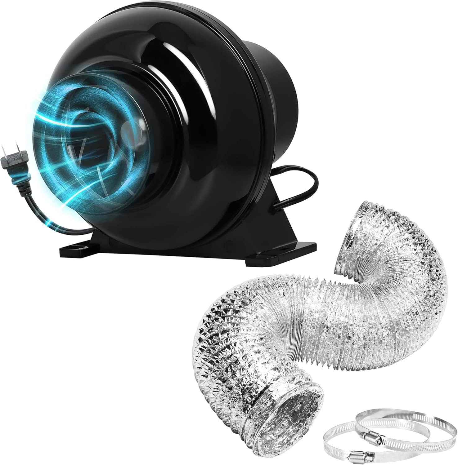 4 Inch 195 CFM Ventilation System Fan, 8 FT Flex Air Aluminum Foil Ducting with 2 Clamps for HVAC Heating Cooling