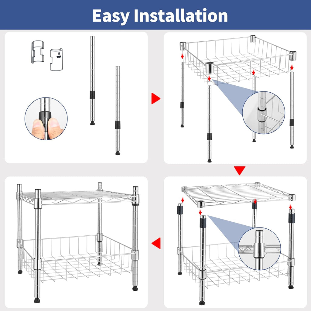 2-Tier Shelving Unit, 15" W x 13.8" D x 15" H Wire Metal Stackable Storage with Basket, Chrome