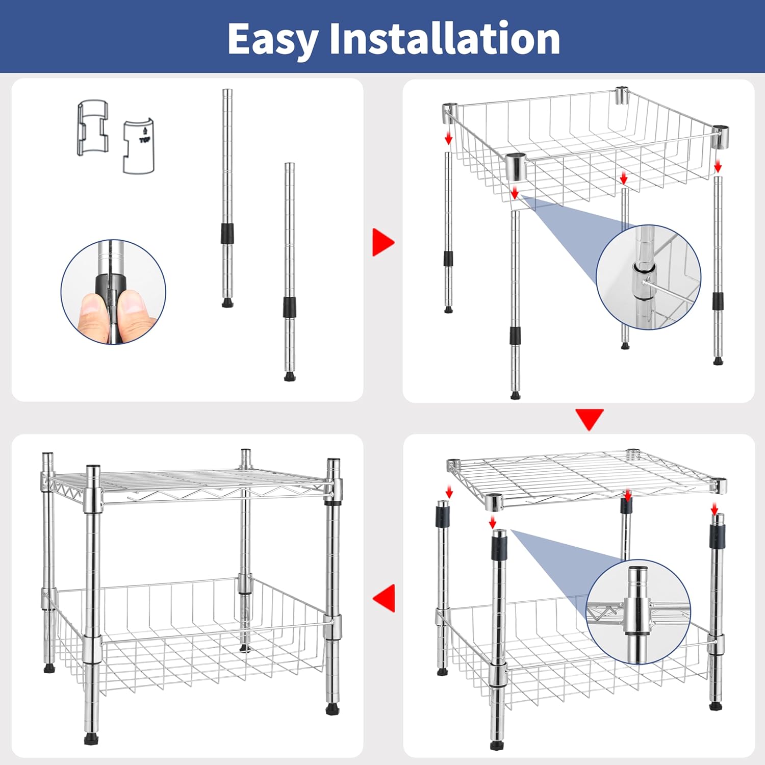 2-Tier Shelving Unit, 15" W x 13.8" D x 15" H Wire Metal Stackable Storage with Basket, Chrome