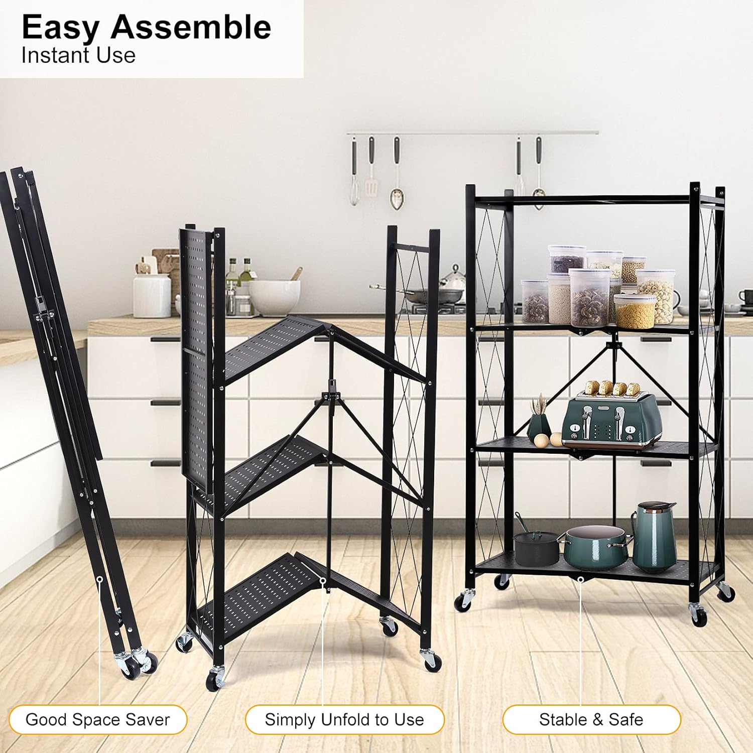 Heavy Duty Foldable Metal Rack Storage Shelving Unit with Wheels Moving Easily Organizer Shelves Great for Garage Kitchen, Black