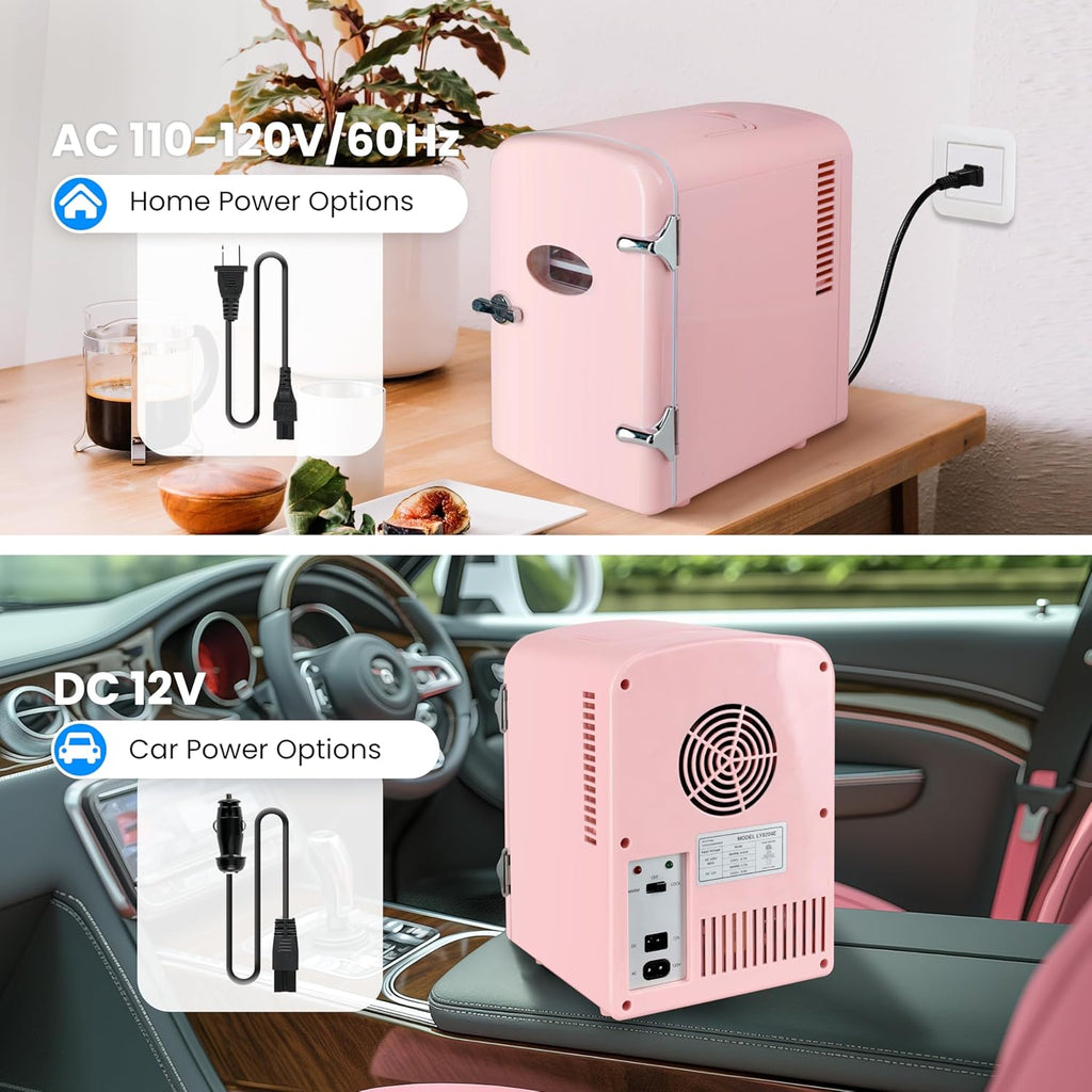 YSSOA Mini Fridge Personal Beauty Refrigerator, Freon-Free, Includes Plugs for Home Outlet & DC Charger, Dorm Room, 6 Can, 4L with Window, Pink