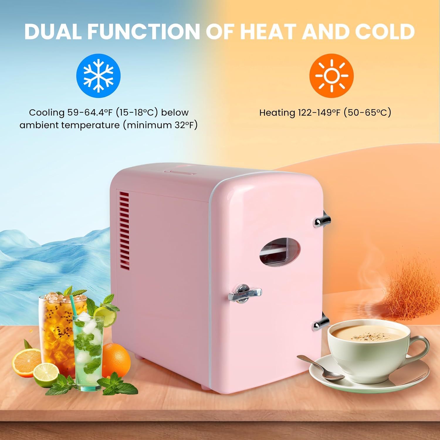 YSSOA Mini Fridge Personal Beauty Refrigerator, Freon-Free, Includes Plugs for Home Outlet & DC Charger, Dorm Room, 6 Can, 4L with Window, Pink