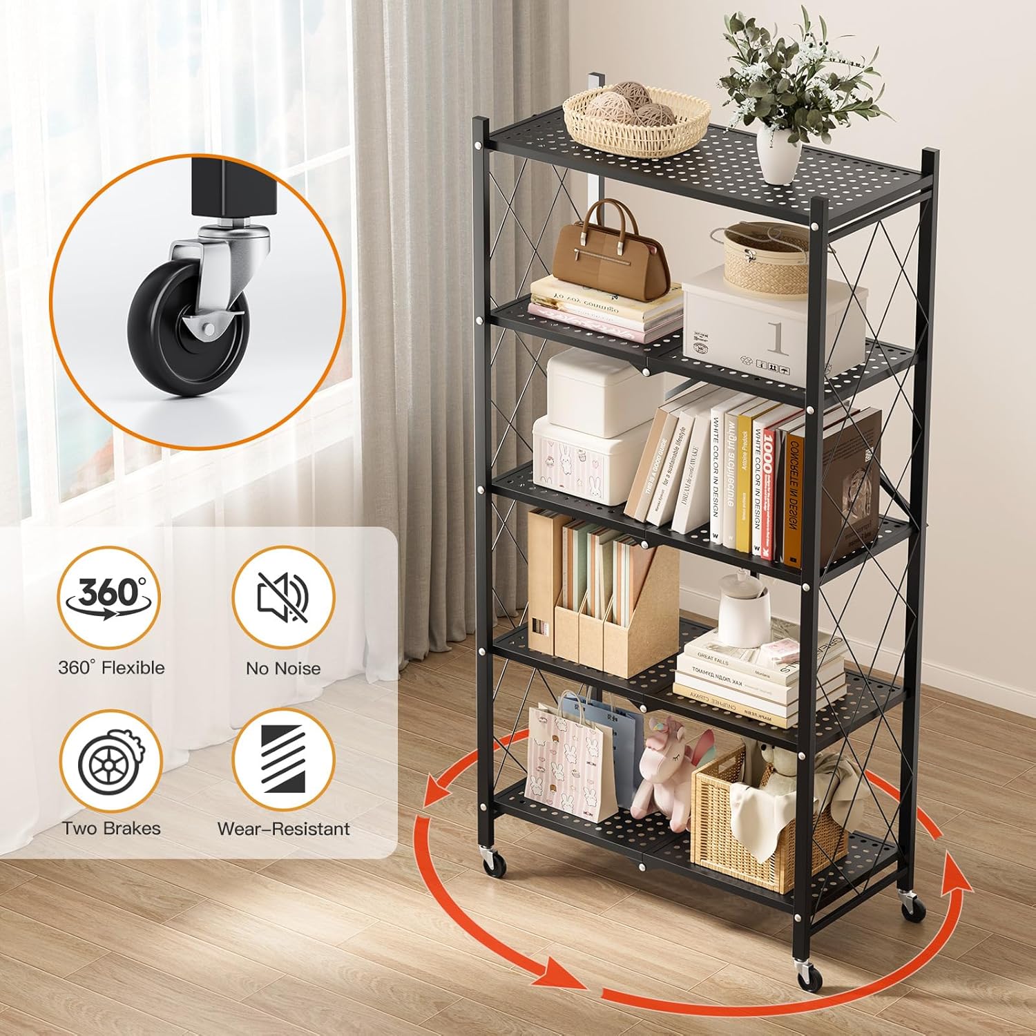 5-Tier Folding Storage Shelves, 27.95" W x 14.96" D x 63.78" H Foldable Shelving Unit, 1250 Lbs Loading Capacity, Black