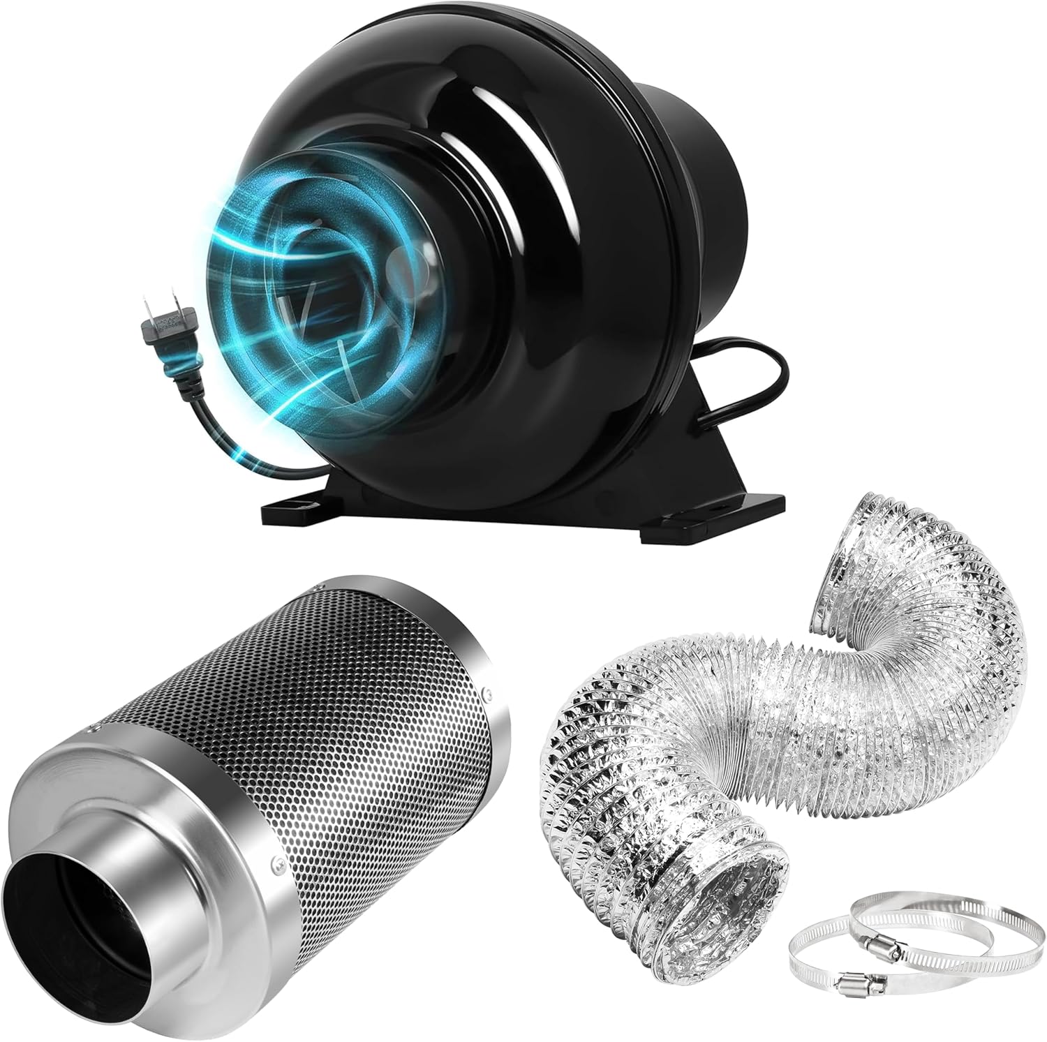4 Inch 195 CFM Ventilation System Fan, Air Carbon Filter and 8 FT Ducting for HVAC Heating Cooling