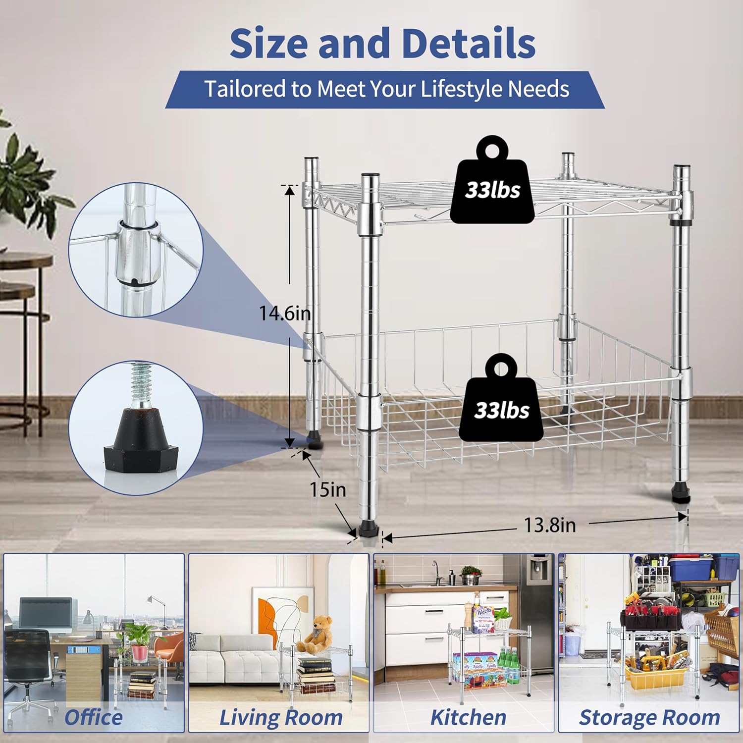2-Tier Shelving Unit, 15" W x 13.8" D x 15" H Wire Metal Stackable Storage with Basket, Chrome