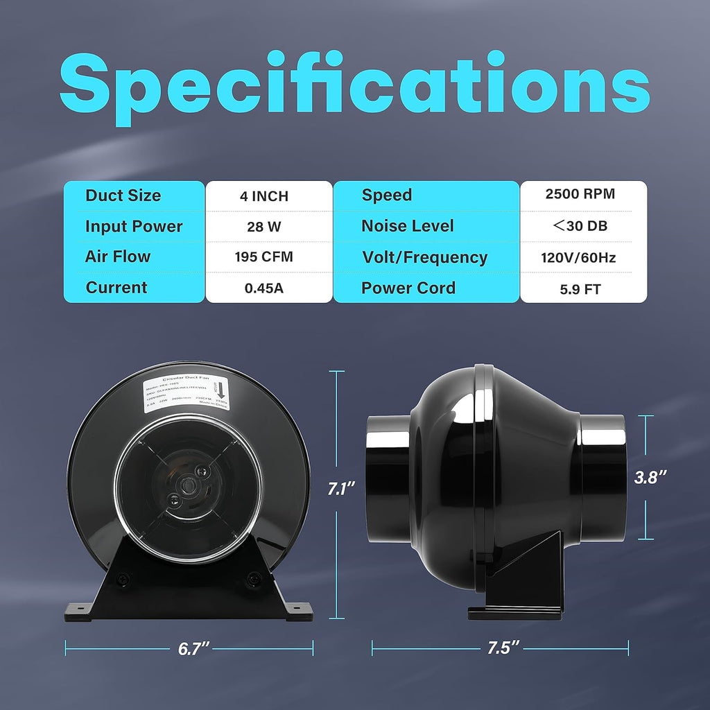 4 Inch 195 CFM Inline Duct Grow Tent Air Vent Exhaust Booster Blower for Hydroponic Ventilation Circulation, Attic, HVAC, Basements or Kitchens, Low Noise, 4'' Fan Quiet, New, Black