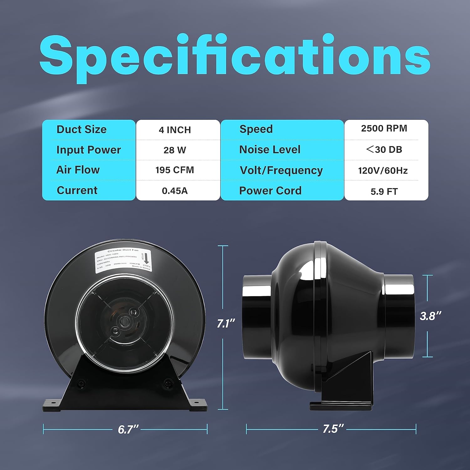 4 Inch 195 CFM Inline Duct Grow Tent Air Vent Exhaust Booster Blower for Hydroponic Ventilation Circulation, Attic, HVAC, Basements or Kitchens, Low Noise, 4'' Fan Quiet, New, Black
