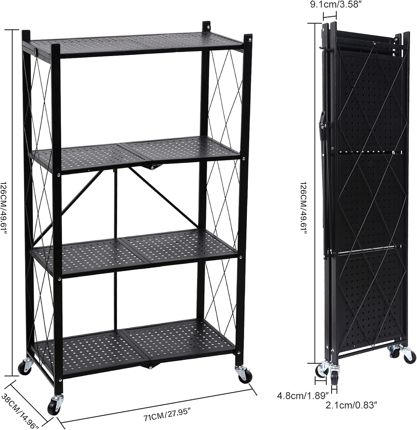 Heavy Duty Foldable Metal Rack Storage Shelving Unit with Wheels Moving Easily Organizer Shelves Great for Garage Kitchen, Black