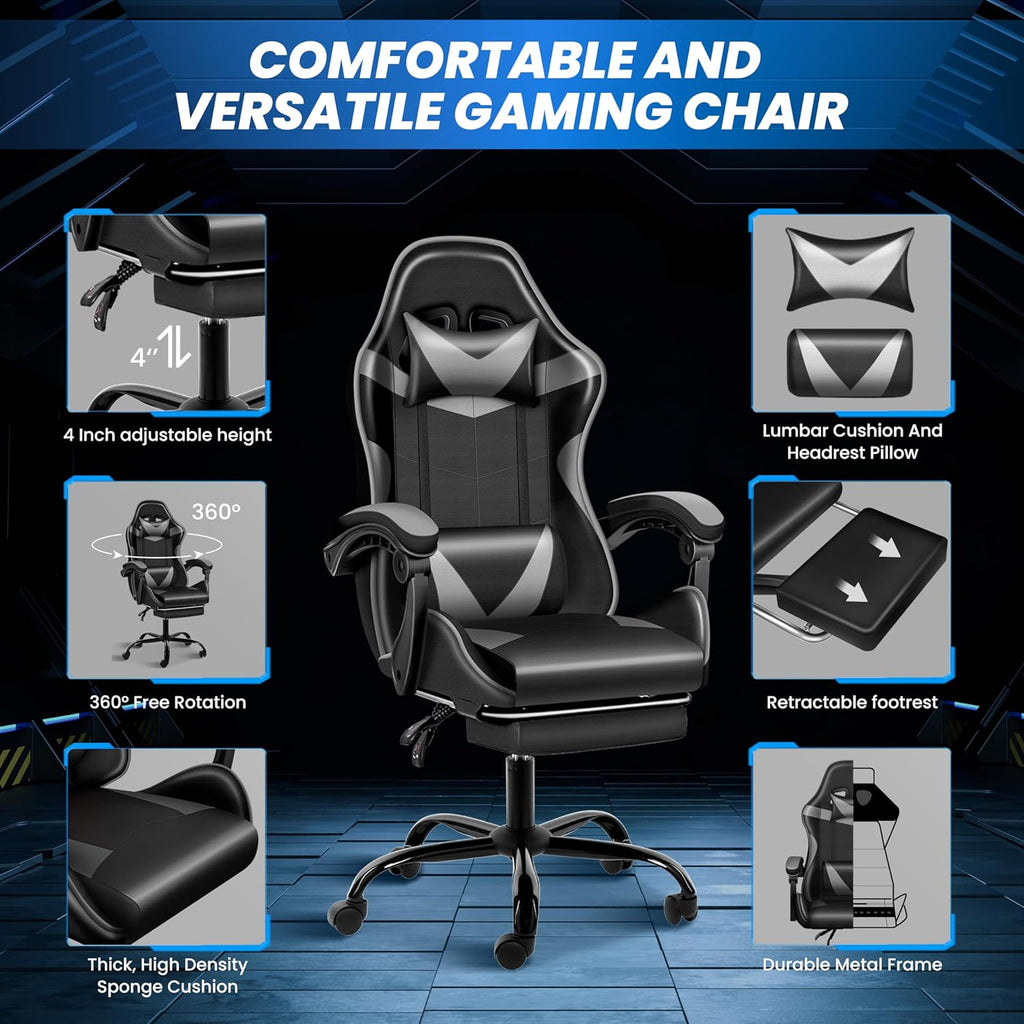 Gaming Chair with Footrest, Height Adjustable & 90°-135° Tilt Function, Swivel Recliner Ergonomic Racing Style Video Game Chair with Lumbar Support