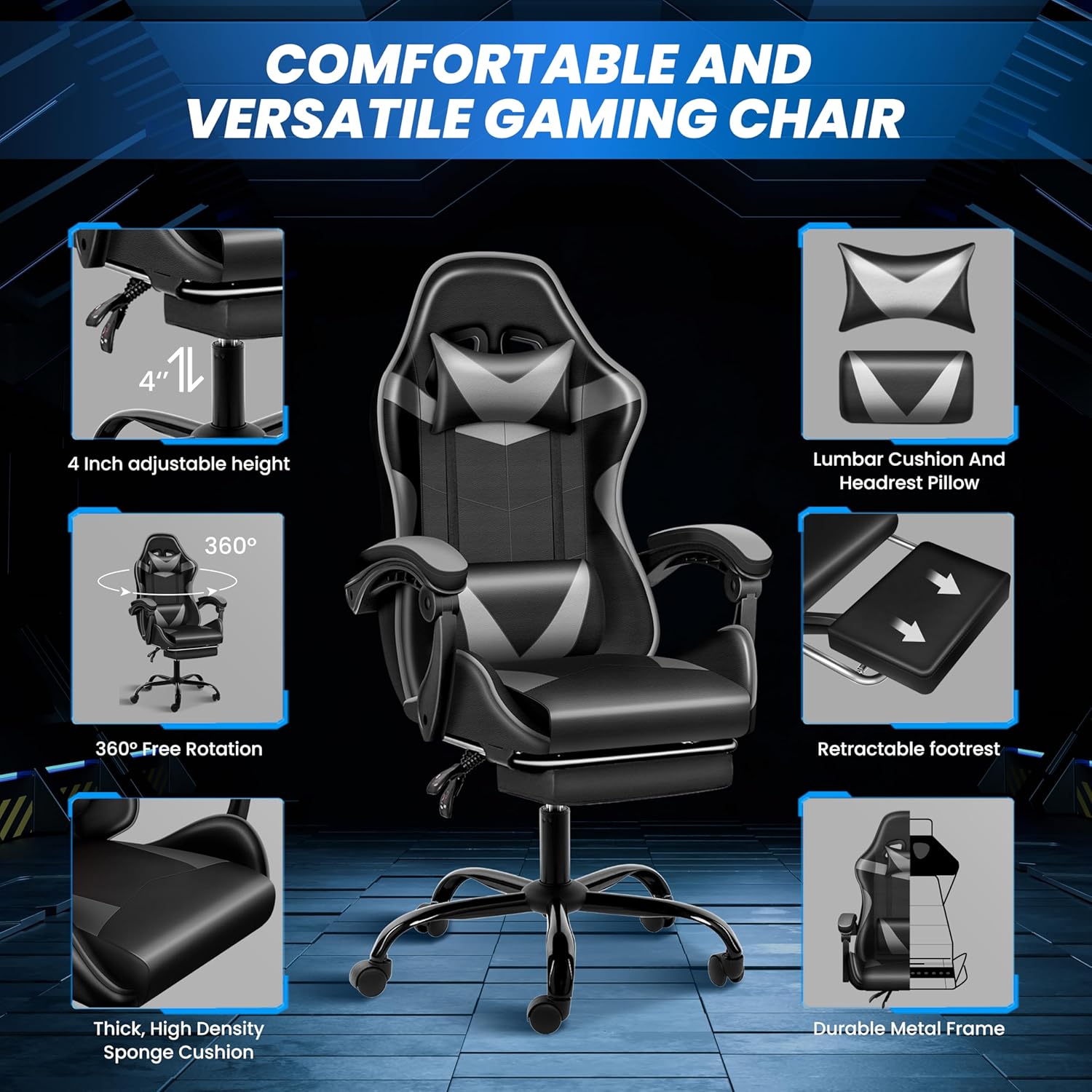 Gaming Chair with Footrest, Height Adjustable & 90°-135° Tilt Function, Swivel Recliner Ergonomic Racing Style Video Game Chair with Lumbar Support