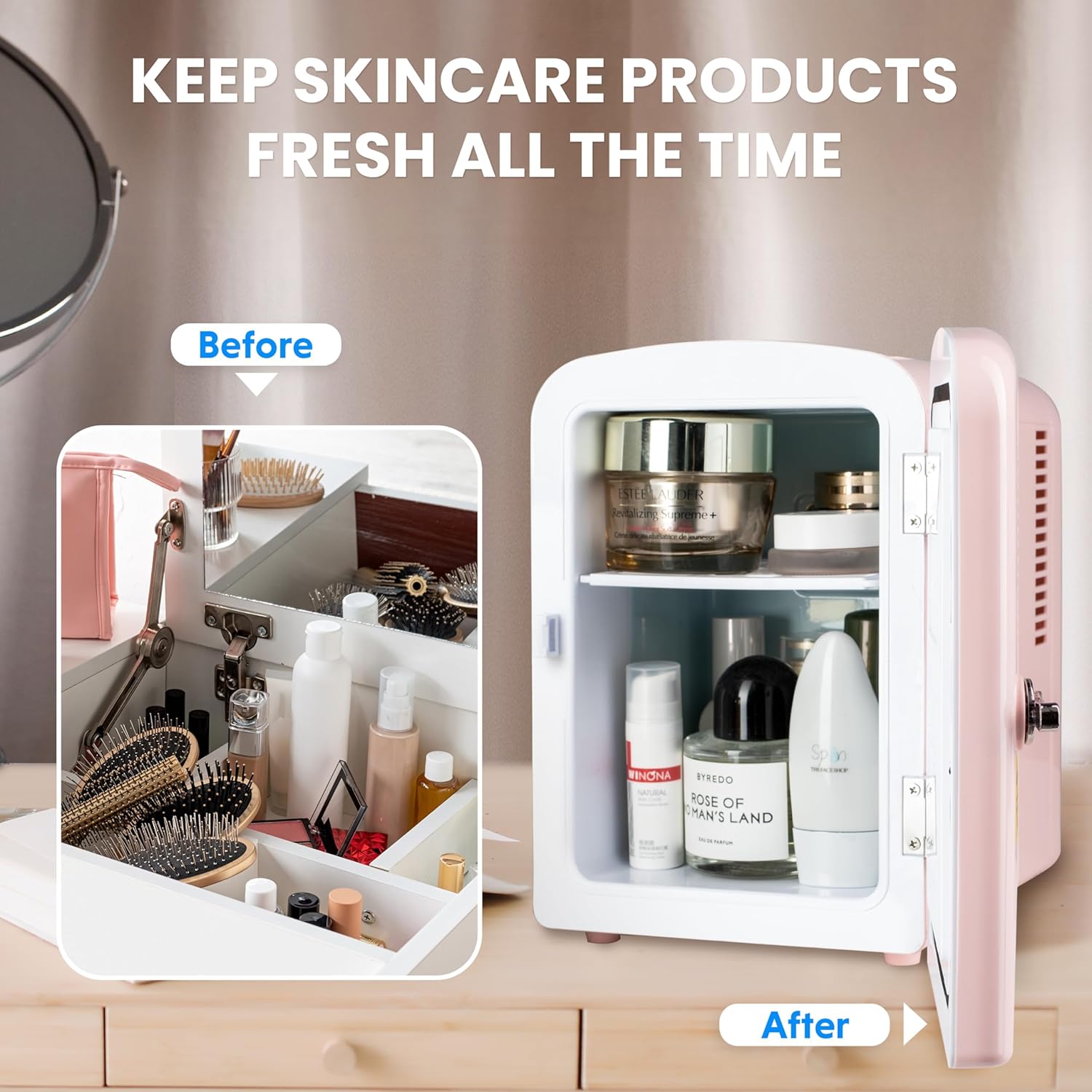 YSSOA Mini Fridge Personal Beauty Refrigerator, Freon-Free, Includes Plugs for Home Outlet & DC Charger, Dorm Room, 6 Can, 4L with Window, Pink