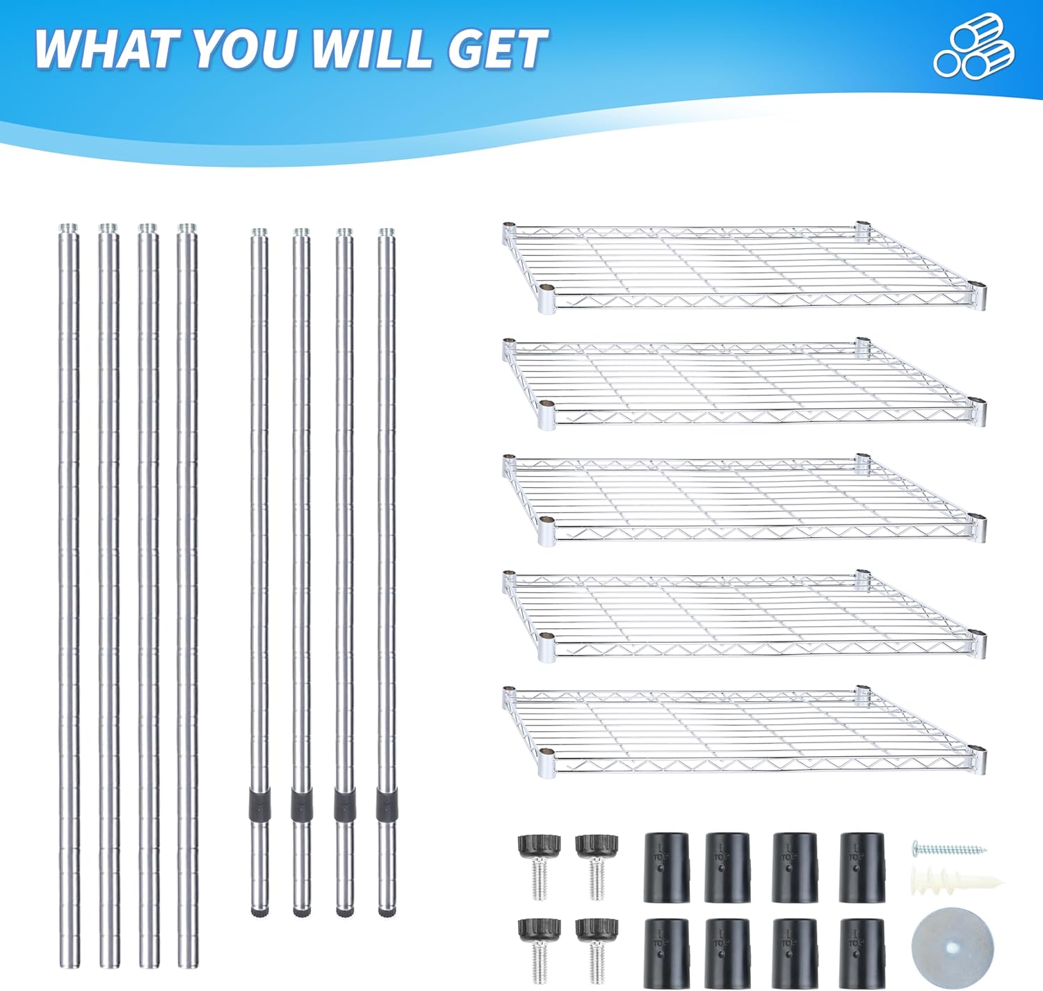 5-Tier Storage Shelves, 35.83" W x 13.98" D x 71.7" H Wire Metal Shelving Unit, 1250 Lbs Loading Capacity, Chrome