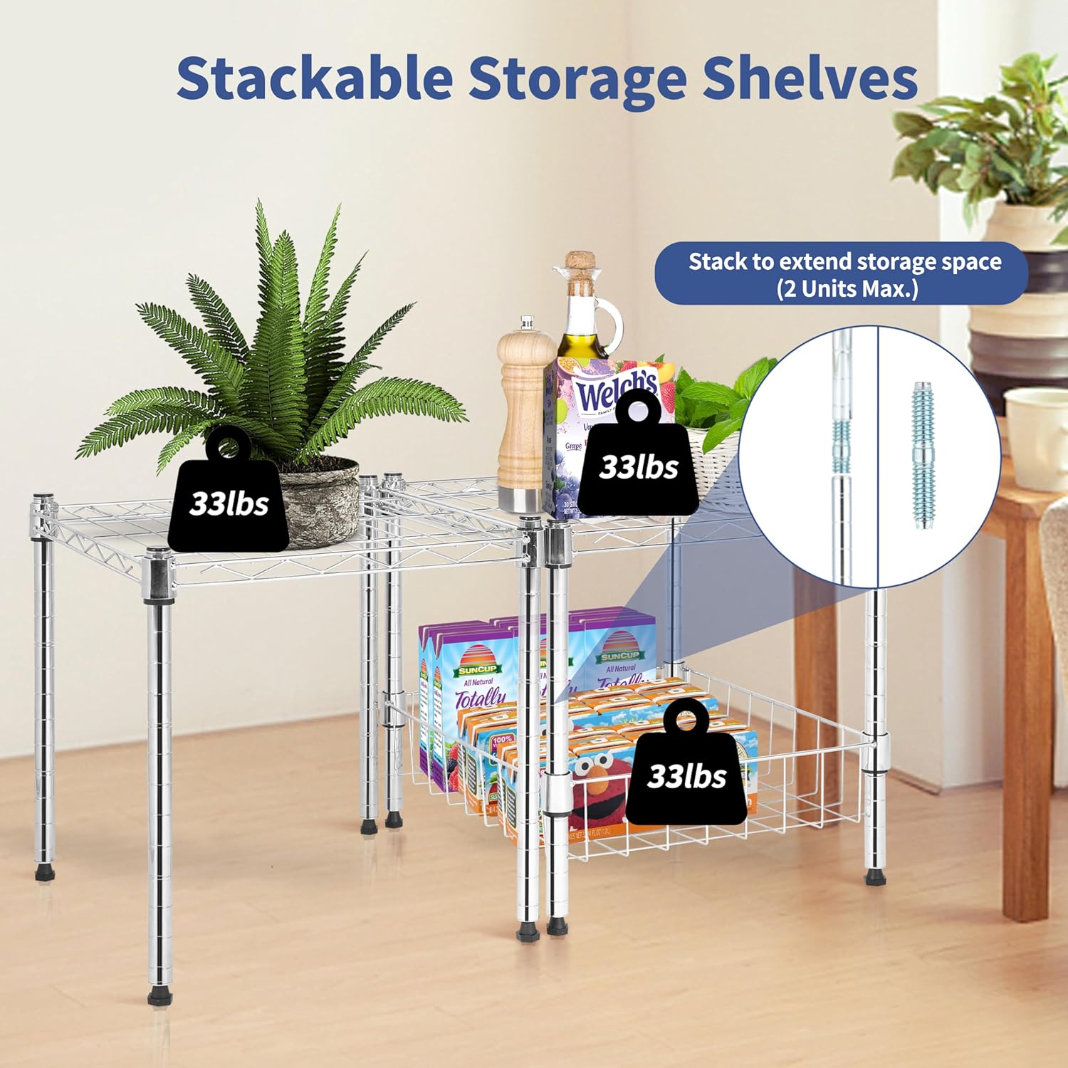 2-Tier Shelving Unit, 15" W x 13.8" D x 15" H Wire Metal Stackable Storage with Basket, Chrome