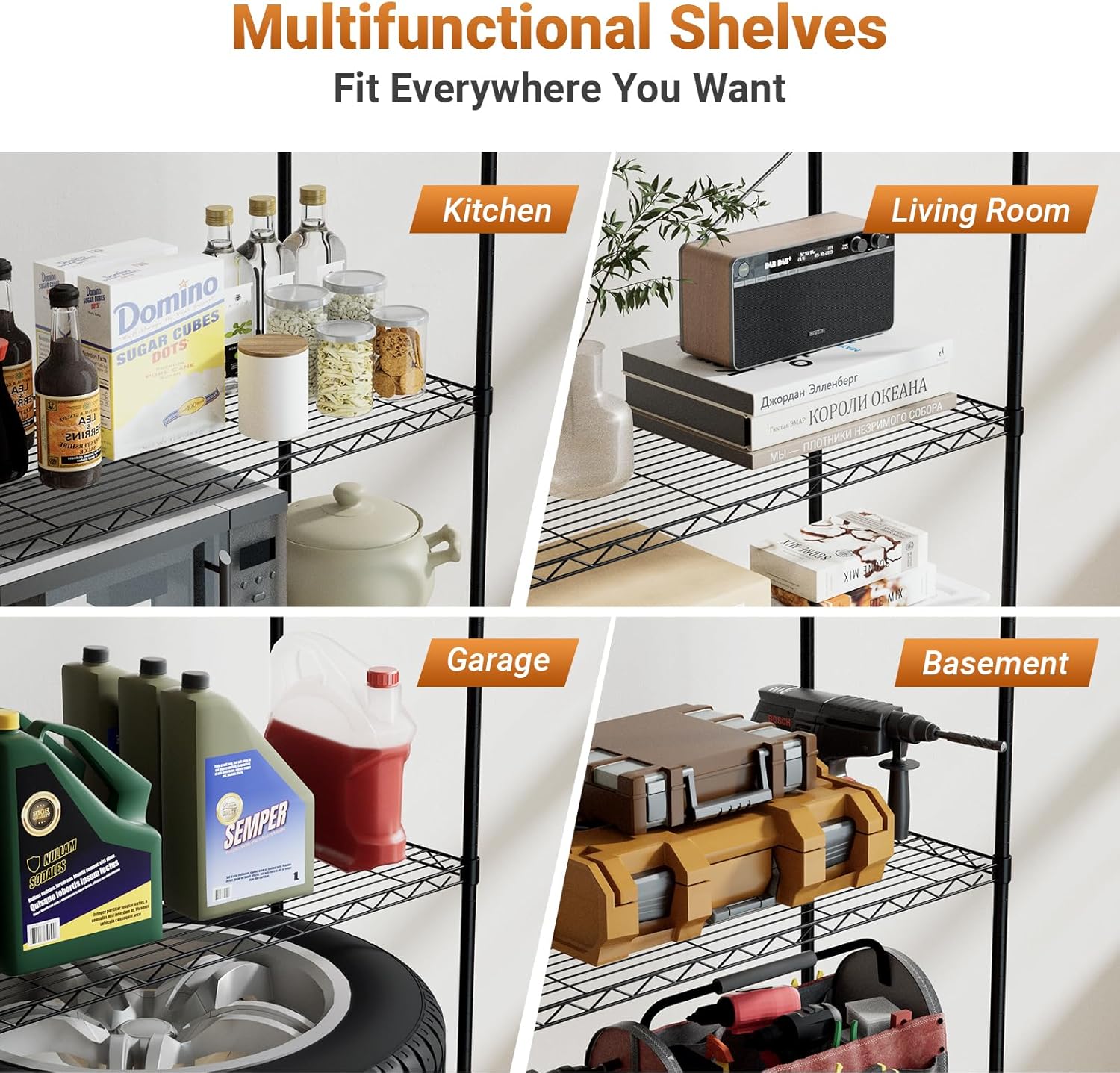 Heavy Duty Storage Shelves, Large Loading Capacity, Adjustable Shelving Unit with Wheels, Chrome